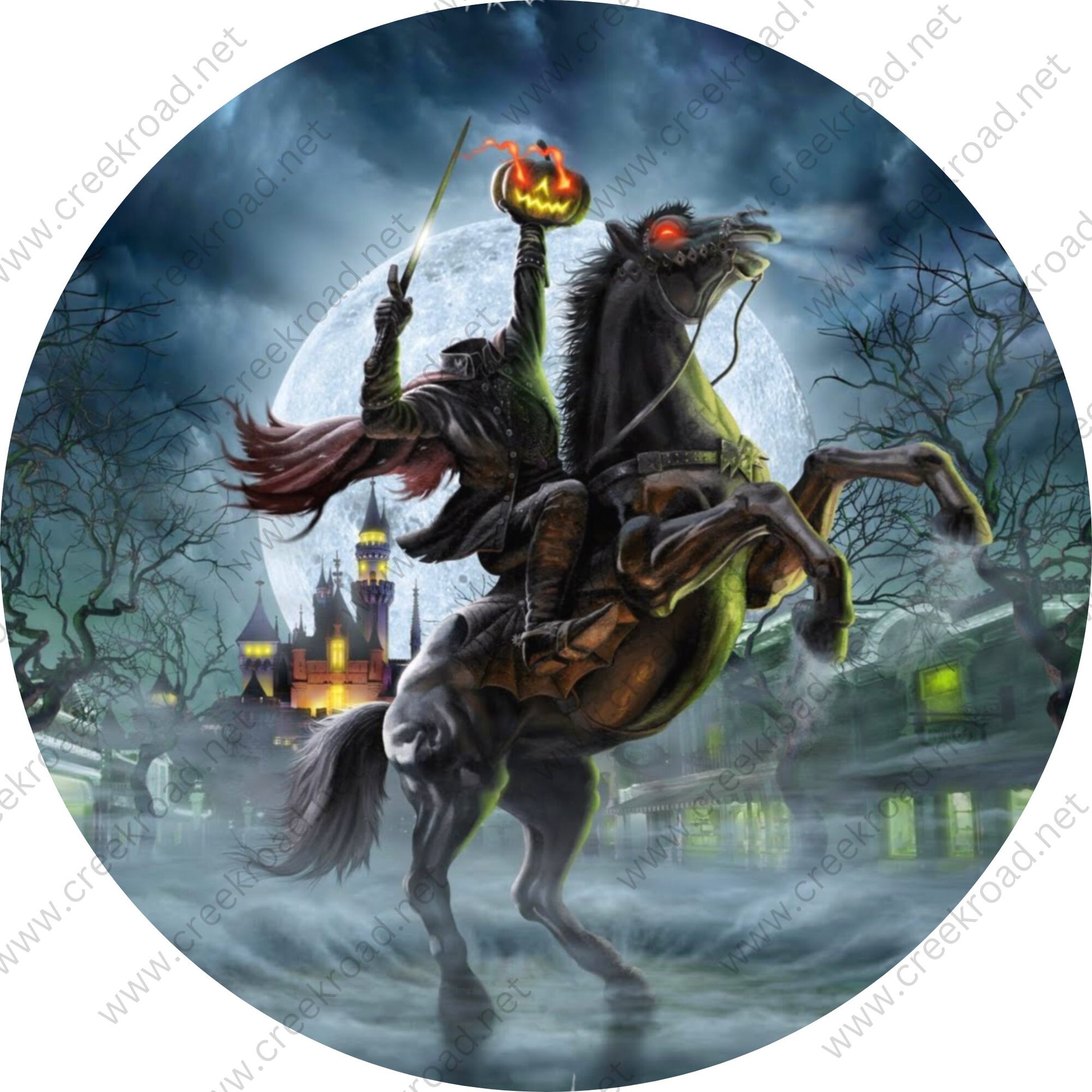 Headless Horseman on Black Stallion Full Moon Wreath Sign-Halloween-Sublimation-Decor