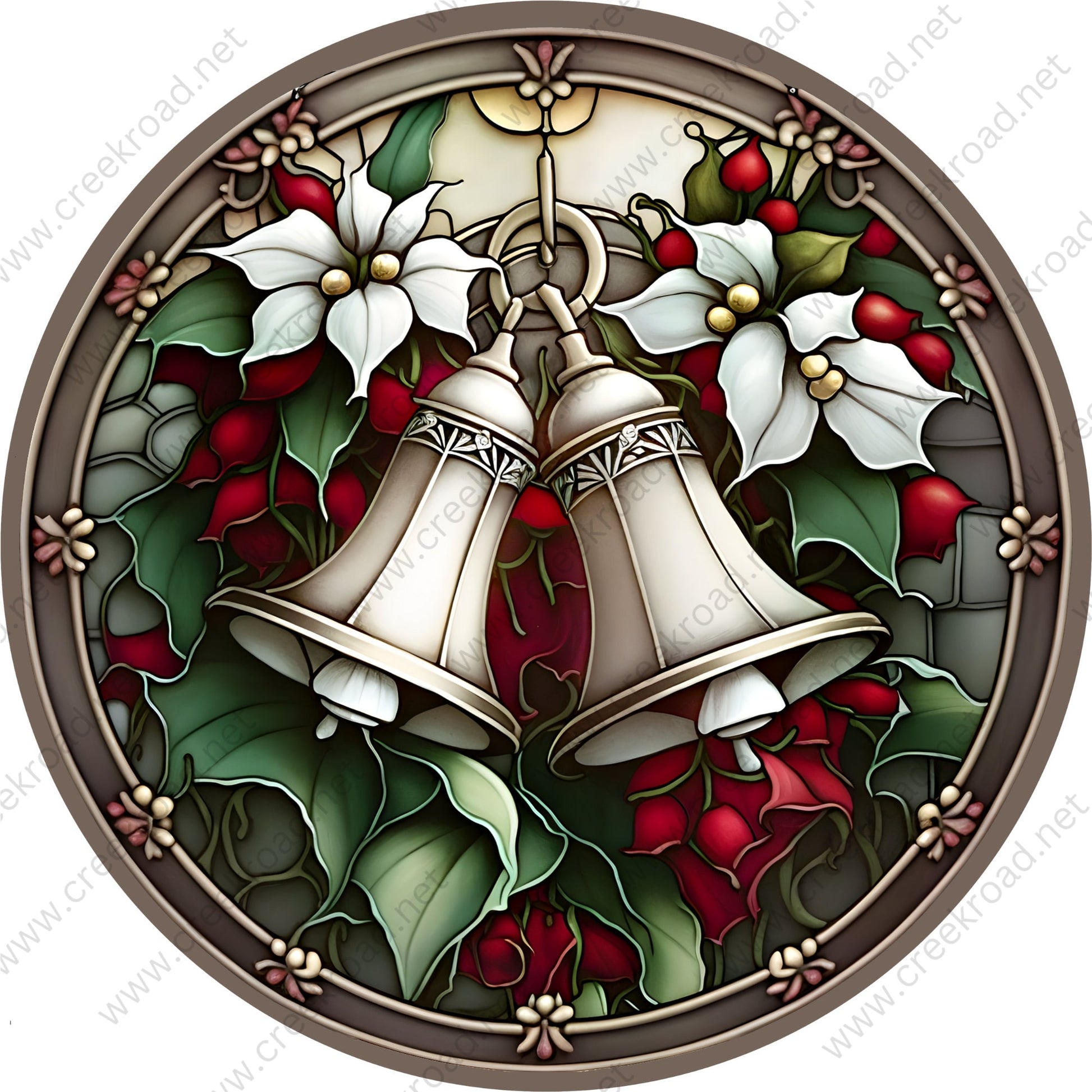 Vintage Silver Christmas Bells Holly Poinsettia Faux Stained Glass Wreath Sign-Sublimation-Round-Christmas-Decor