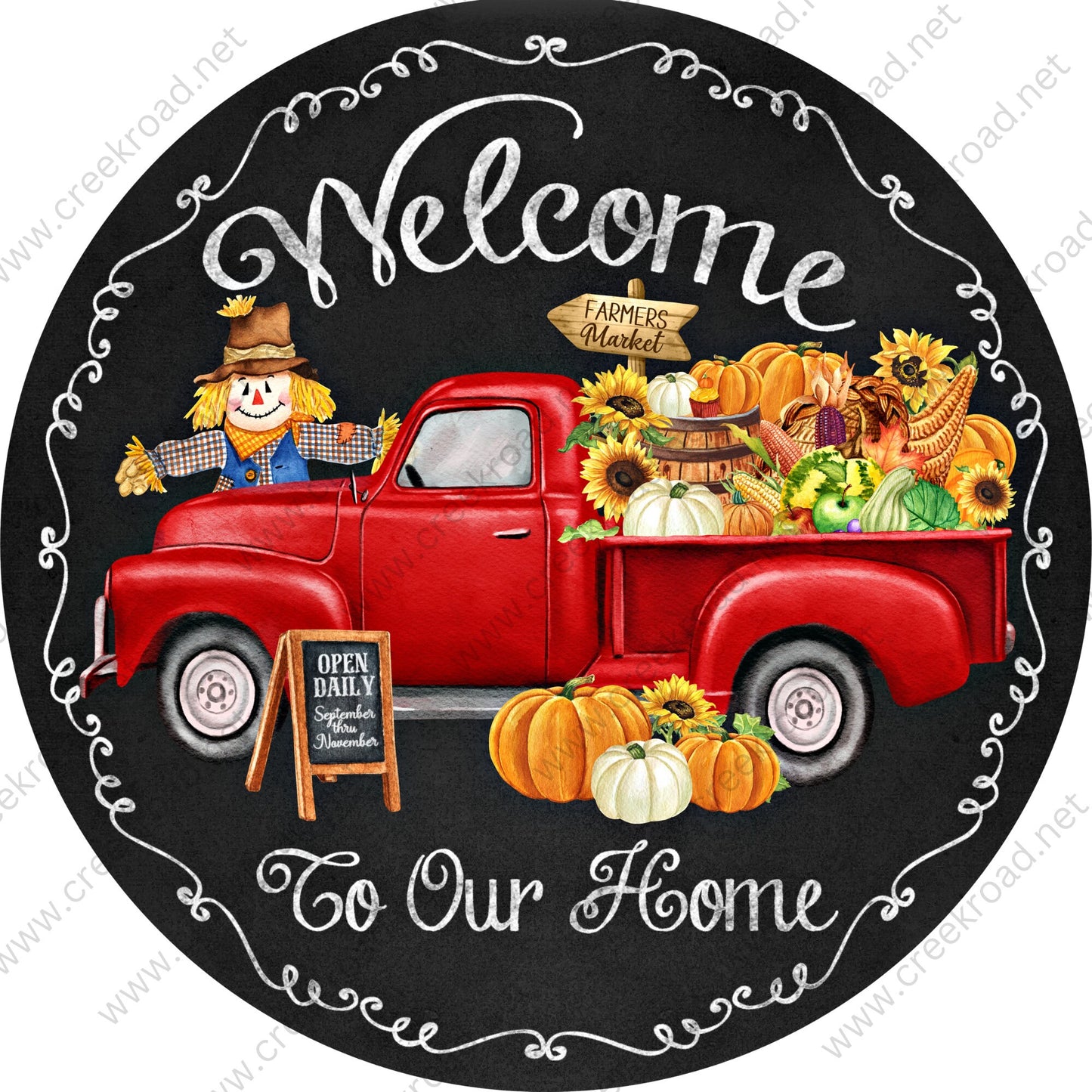 Welcome To Our Home Red Antique Truck Fall Pumpkins Scarecrows Wreath Sign-Sublimation-Attachment-Round-Decor