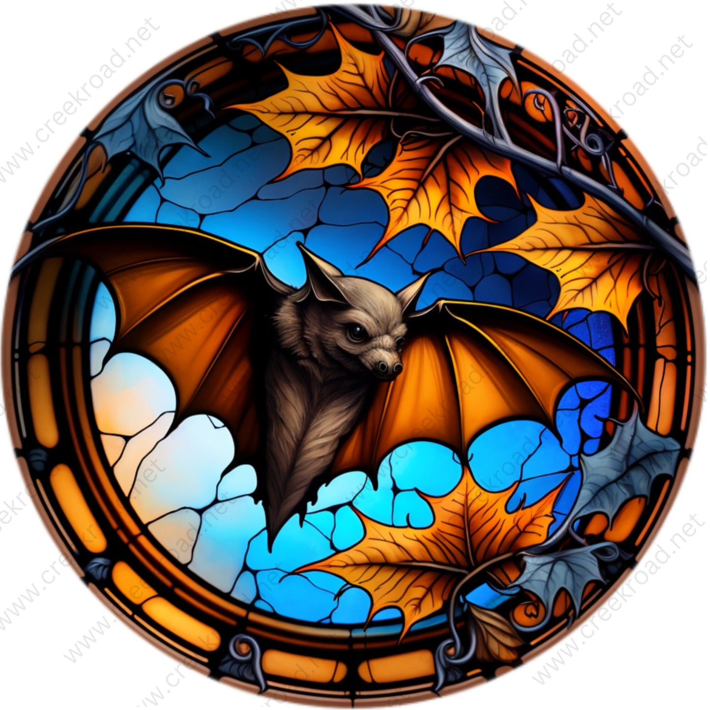 Halloween Bat Soaring through the Fall Leaves Orange Blue Faux Stained Glass Wreath Sign-Fall-Sublimation-Round-Decor