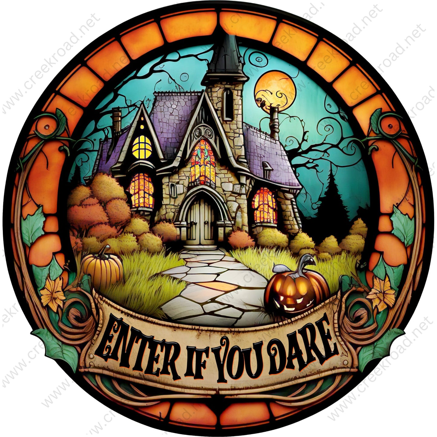 Enter If You Dare Spooky Castle with Full Moon Jack-o-Lantern Wreath Sign-Sublimation-Round-Decor