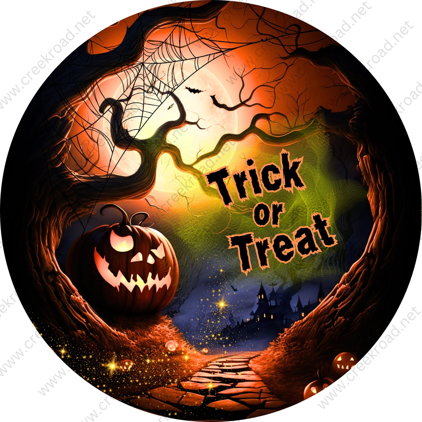 Trick or Treat Jack-O-Lantern in Spooky Forest Wreath Sign-Fall-Sublimation-Round-Decor