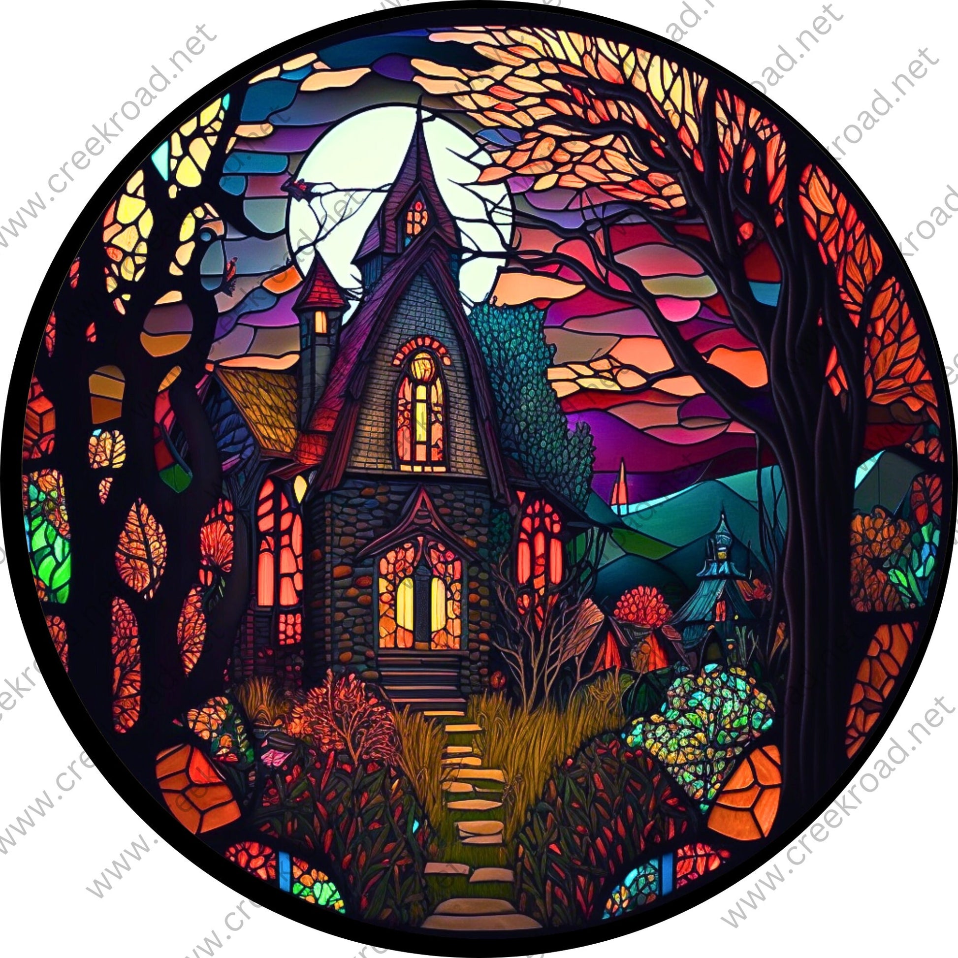 Haunted Halloween Mansion Under Full Moon Wreath Sign-Fall-Sublimation-Round-Decor