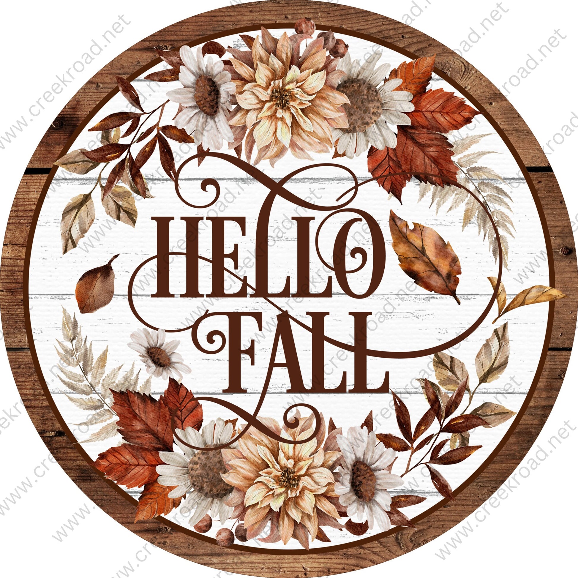 Hello Fall Foliage on White Shiplap Brown Border Wreath Sign - Autumn Fall- Wreath Sign - Sublimation Sign - Wreath Attachment