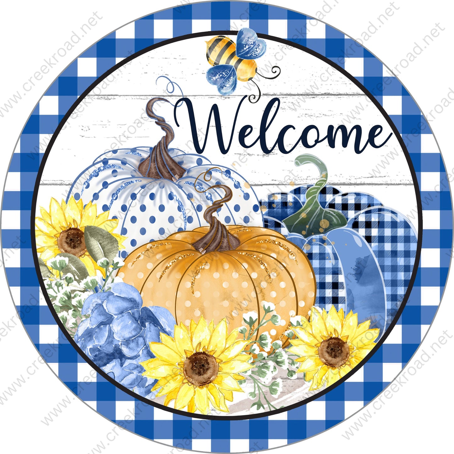 Welcome Blue White Pumpkins Blue White Checkered Border Wreath Sign - Autumn Fall- Wreath Sign - Sublimation Sign - Wreath Attachment