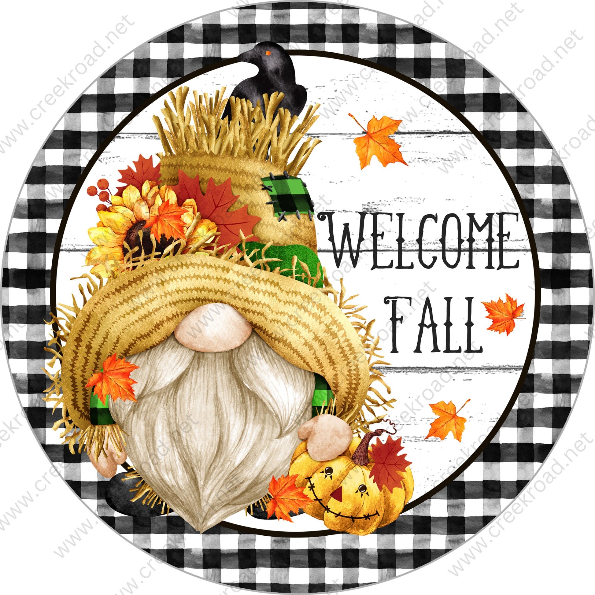 Welcome Fall Harvest Gnome Shiplap Black White Gingham Border Wreath Sign - Autumn Fall- Wreath Sign - Sublimation Sign - Wreath Attachment