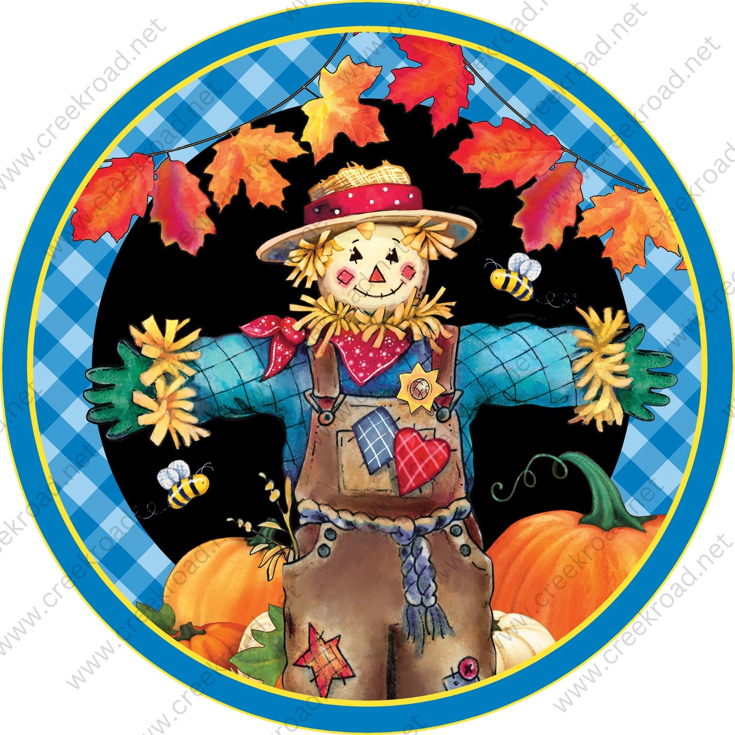 Harvest Scarecrow in Pumpkin Patch Blue Yellow Border Wreath Sign - Autumn Fall- Wreath Sign - Sublimation Sign - Wreath Attachment