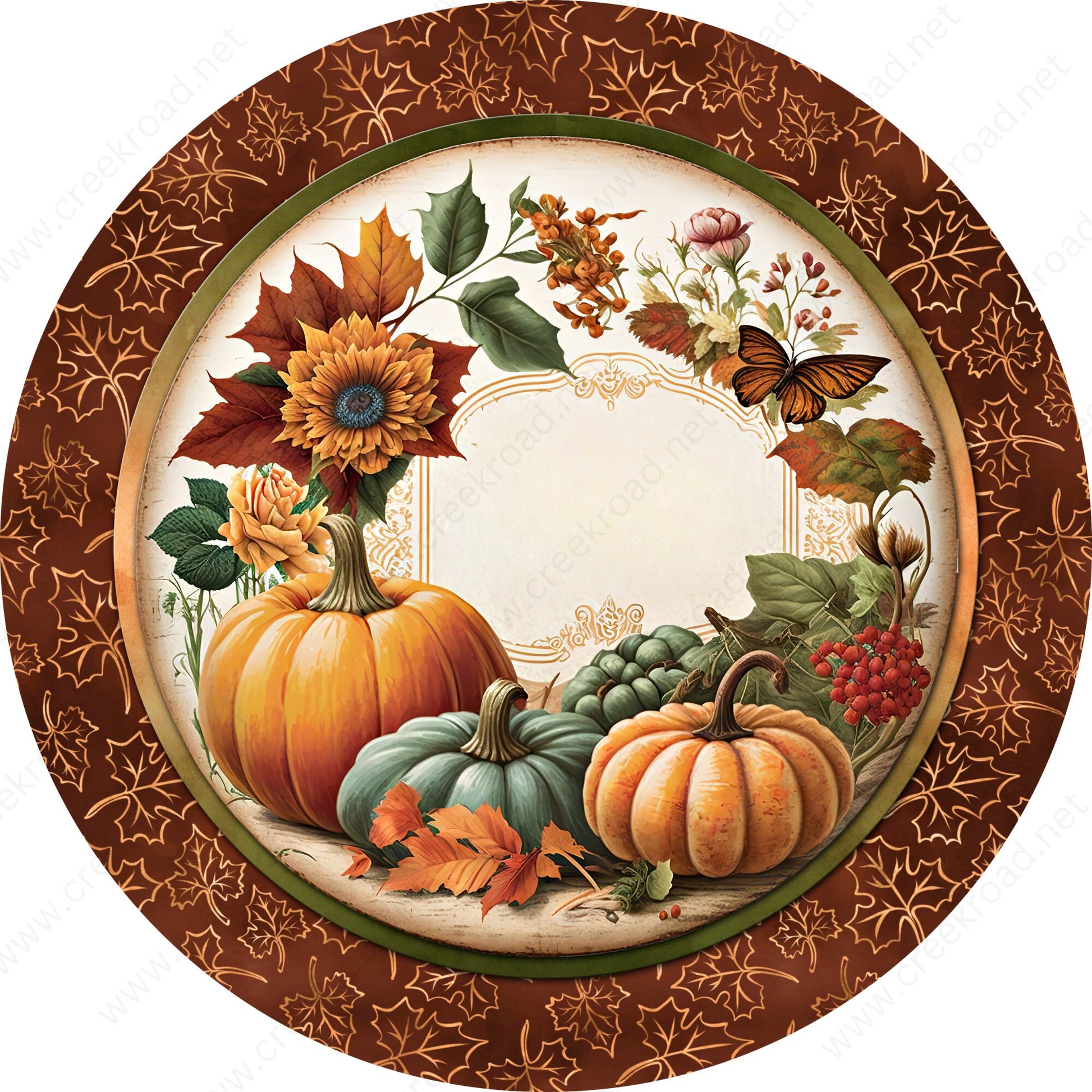 Fall Pumpkins Orange Green with Leaf Border Wreath Sign-Fall-Sublimation-Attachment-Round-Decor