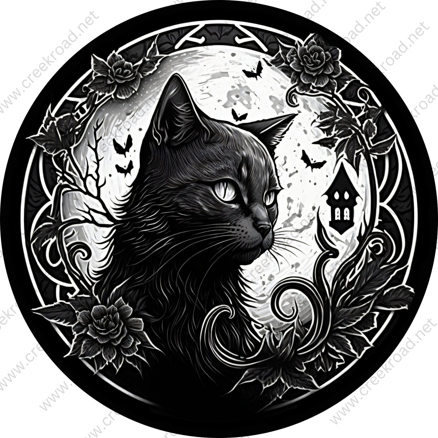 Halloween Black Cat with Black Rose Border Wreath Sign-Halloween-Sublimation-Decor