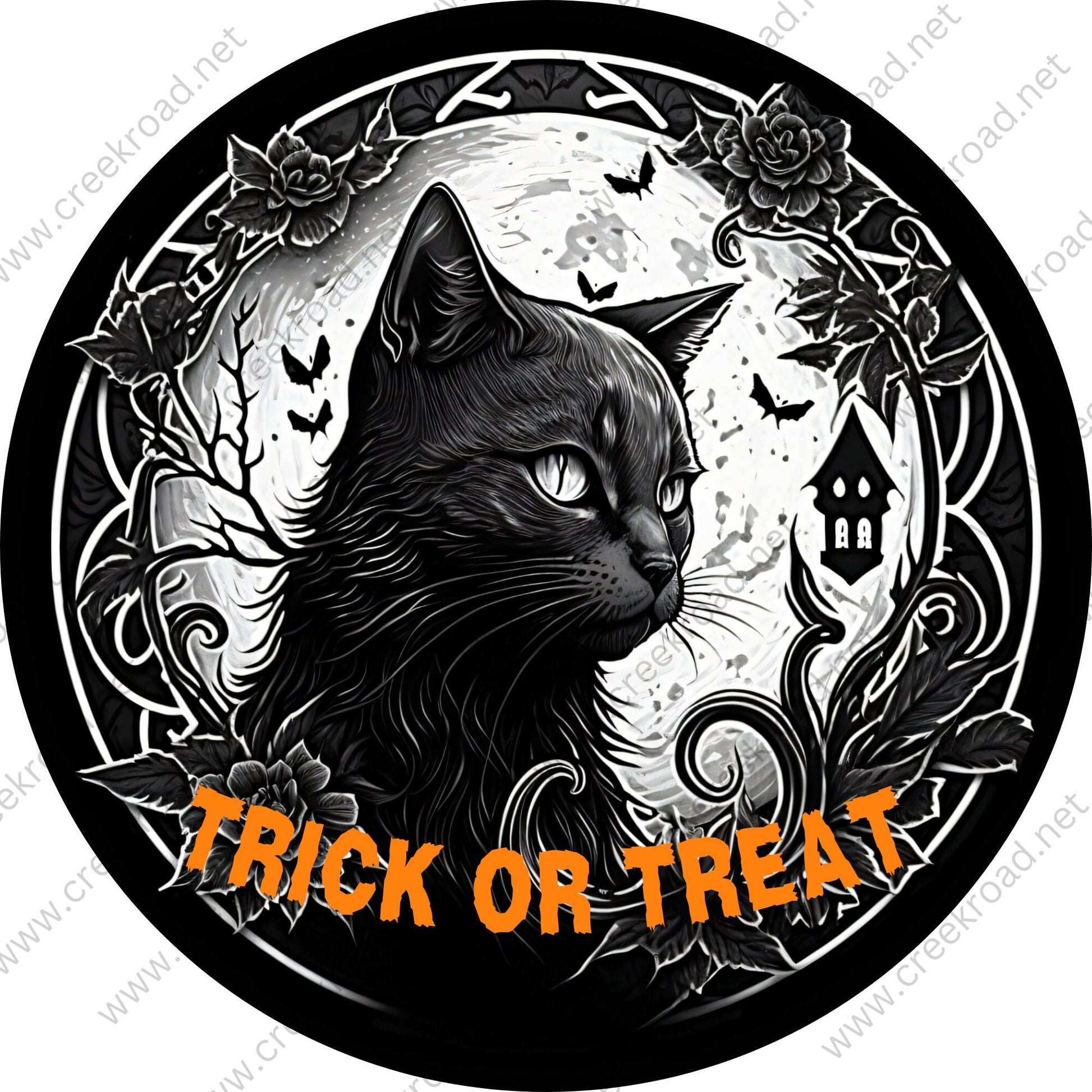 Trick or Treat Black Cat Wreath Sign-Fall-Sublimation-Round-Decor