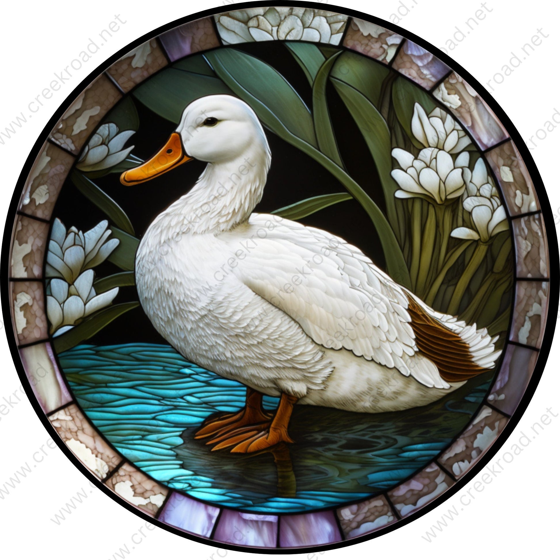 White Duck in Pond With White Flowers Faux Stained Glass Wreath Sign-Round-Sublimation-Everyday-Spring-Decor