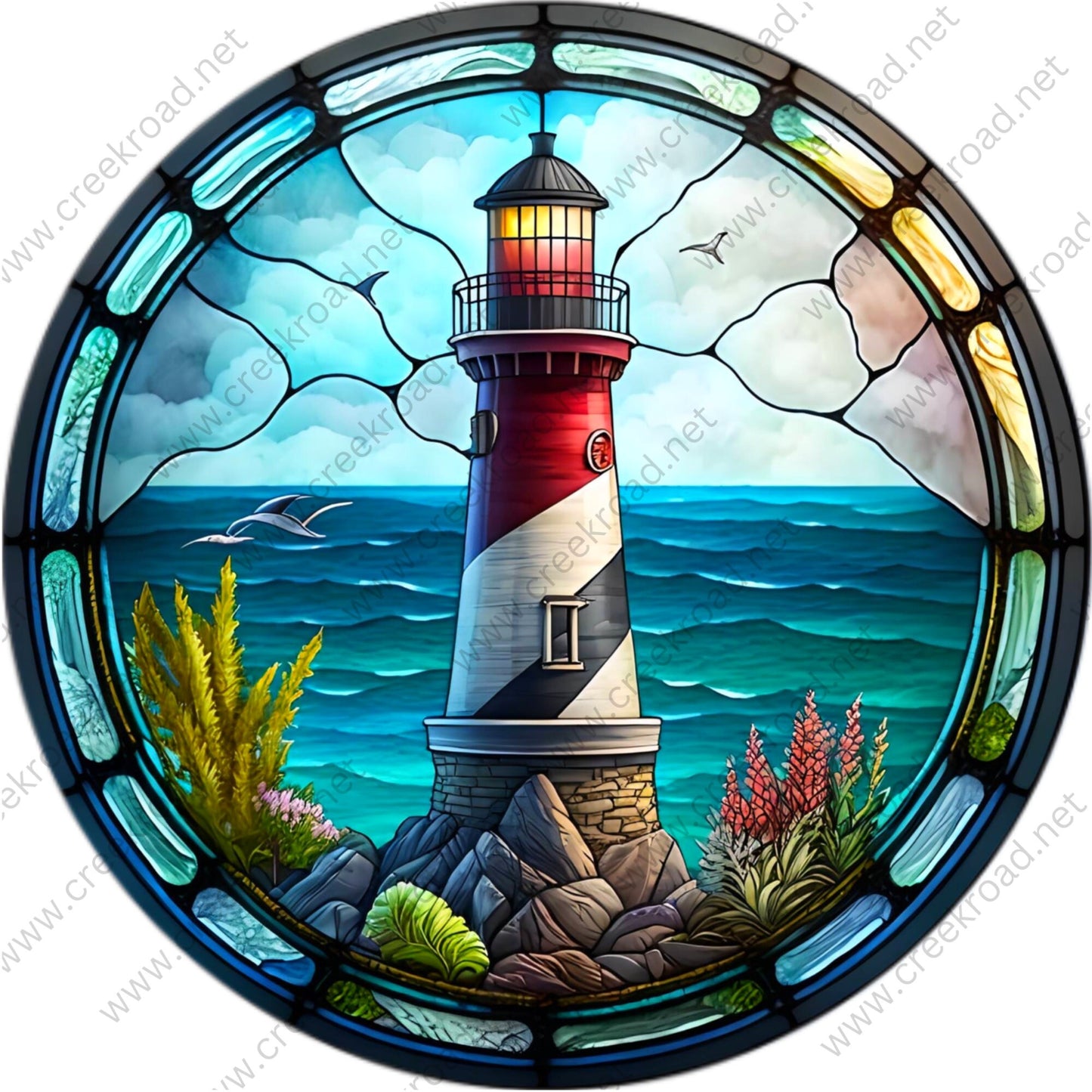 Lighthouse on the Blue Water Faux Stained Glass Wreath Sign-Round-Sublimation-Coastal-Decor