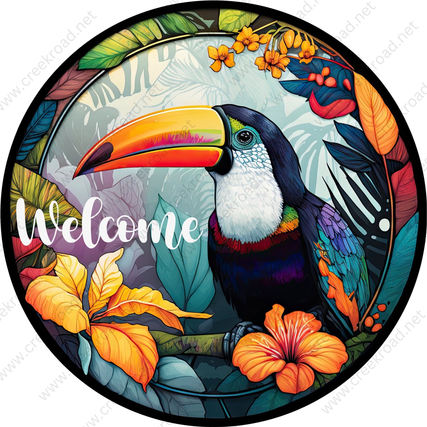 Welcome Tropical Toucan Faux Stained Glass Wreath Sign-Round-Sublimation-Coastal-Decor