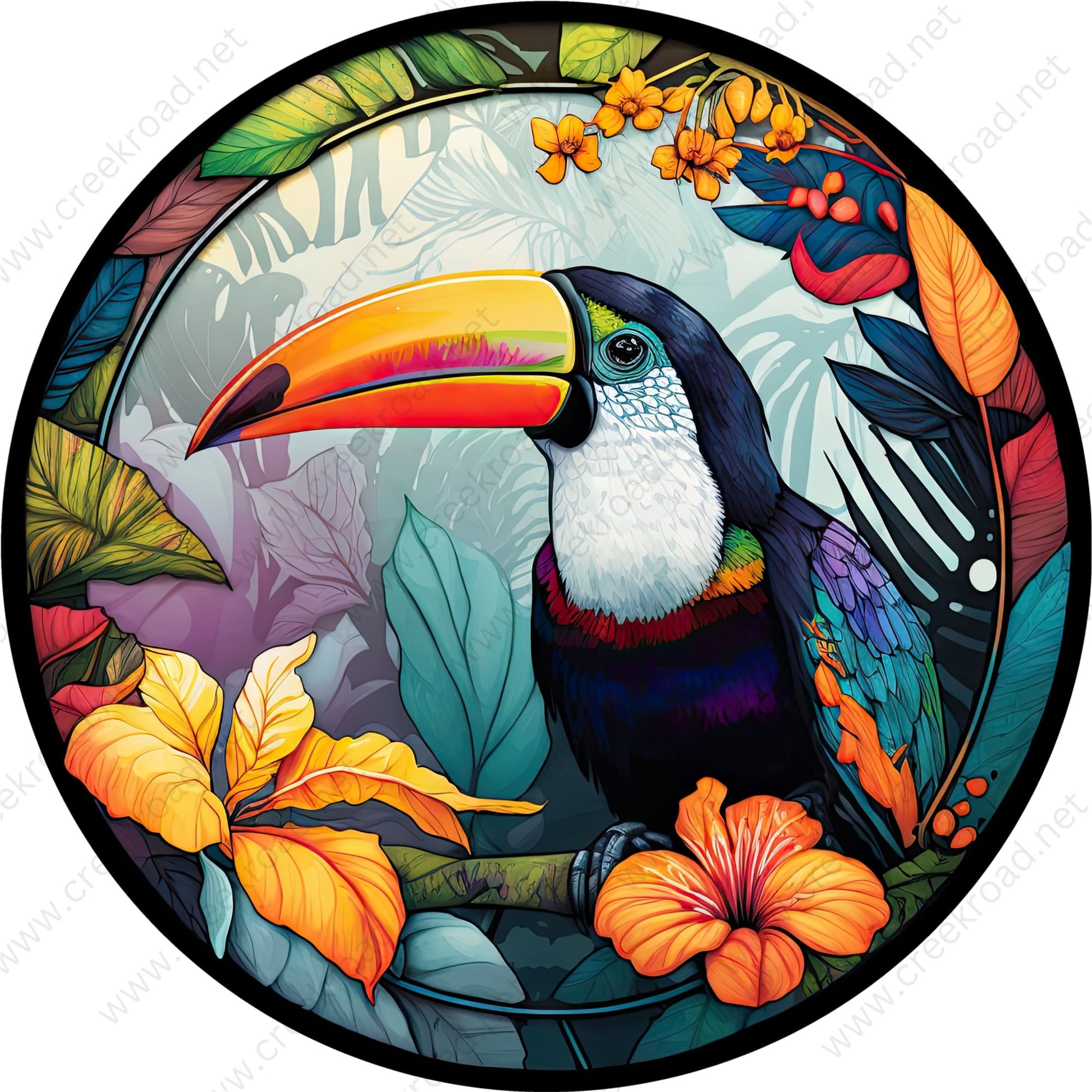 Tropical Toucan Faux Stained Glass Wreath Sign-Round-Sublimation-Coastal-Decor