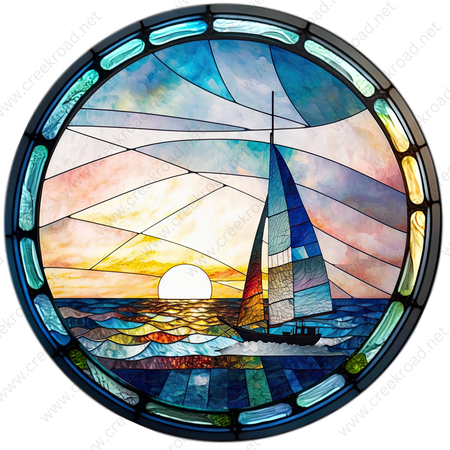 Sailboat into the Sunset Faux Stained Glass Wreath Sign-Round-Sublimation-Coastal-Decor