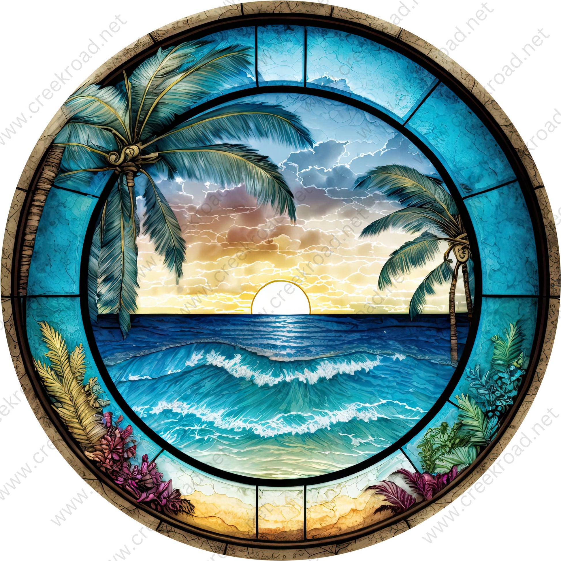 Sunset at the Beach Faux Stained Glass Wreath Sign-Round-Sublimation-Coastal-Decor