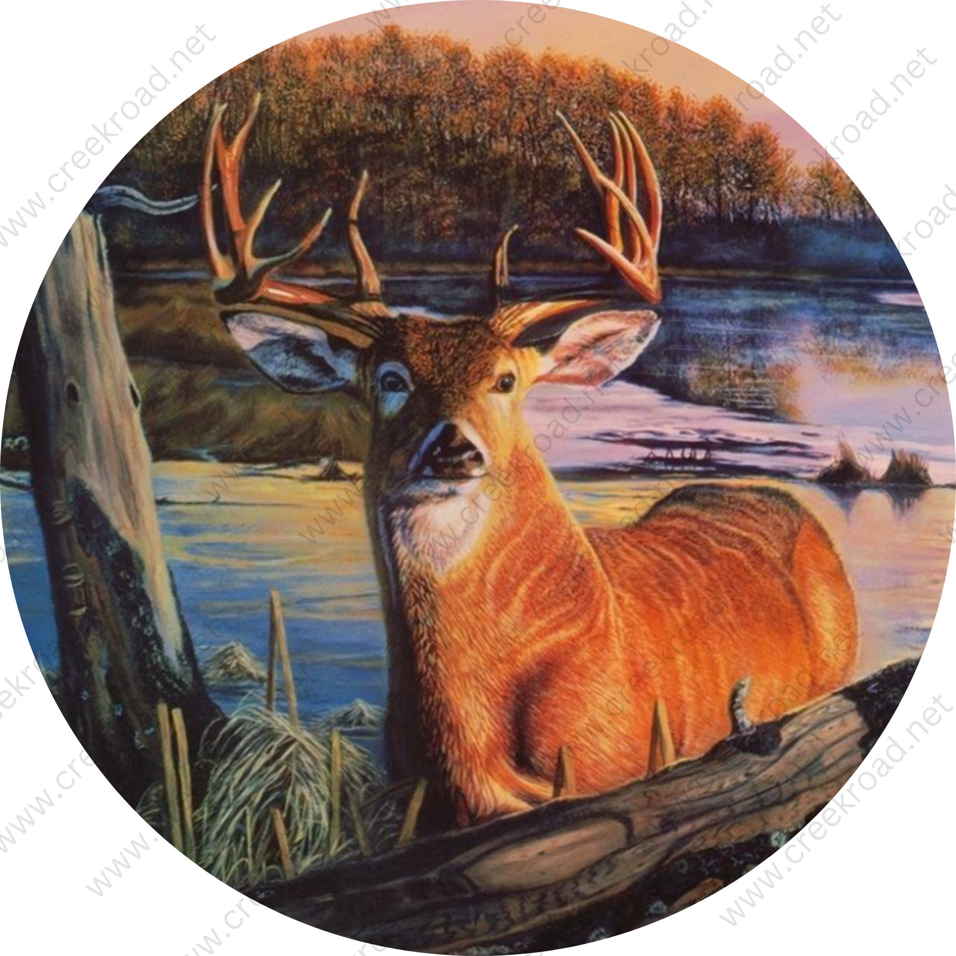 Buck Deer Along Lake Shoreline Wreath Sign-Round-Sublimation-Decor-Attachment