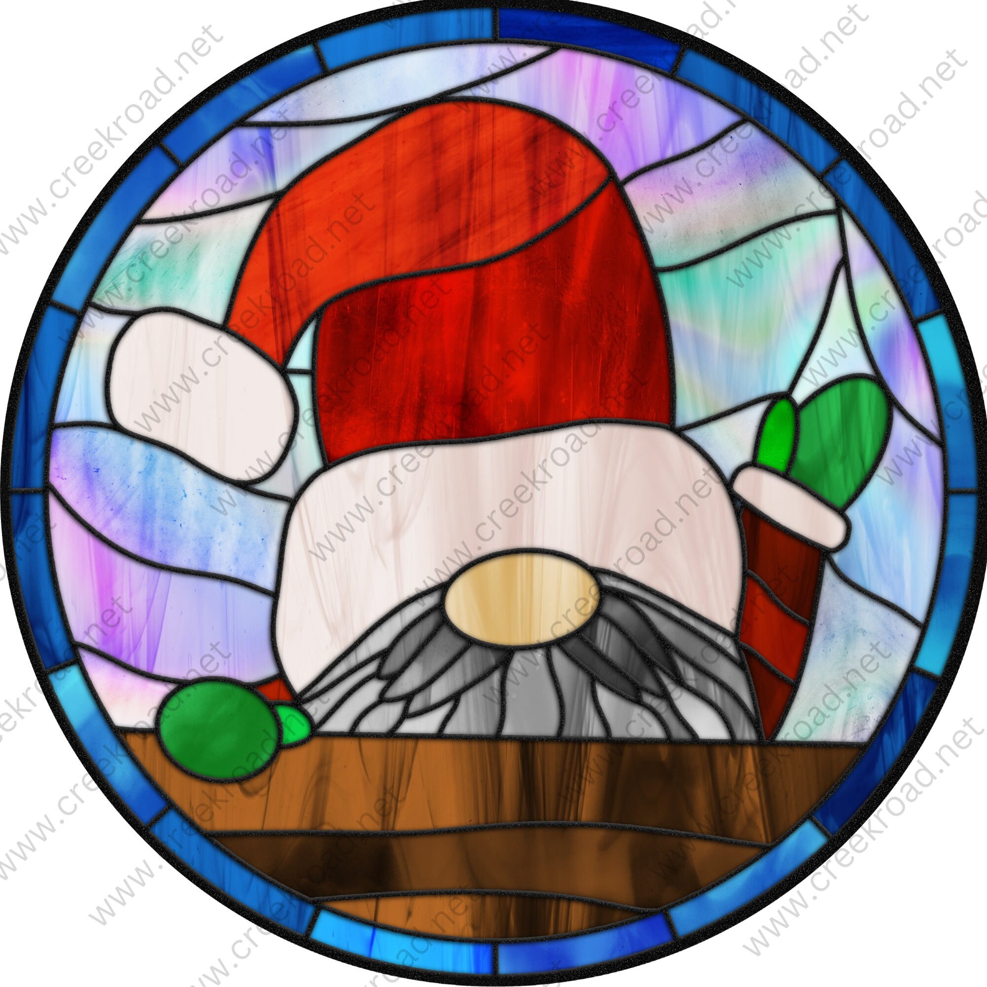 Christmas Gnome in Santa Hat Waving Hello Faux Stained Glass Wreath Sign-Christmas-Sublimation-Attachment-Decor