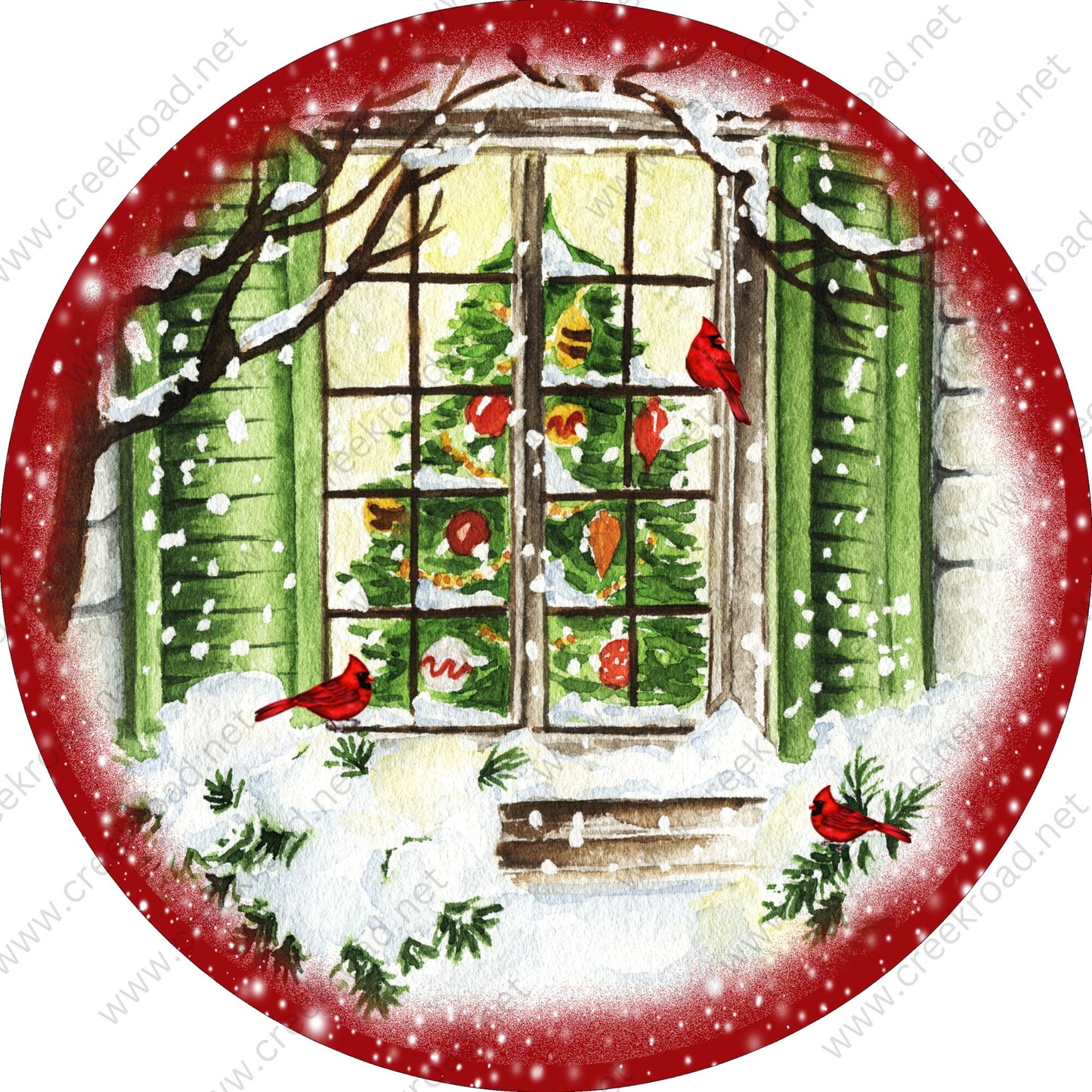 Watercolor Christmas Tree in Window with Snow Cardinals Wreath Sign-Christmas-Sublimation-Attachment-Decor