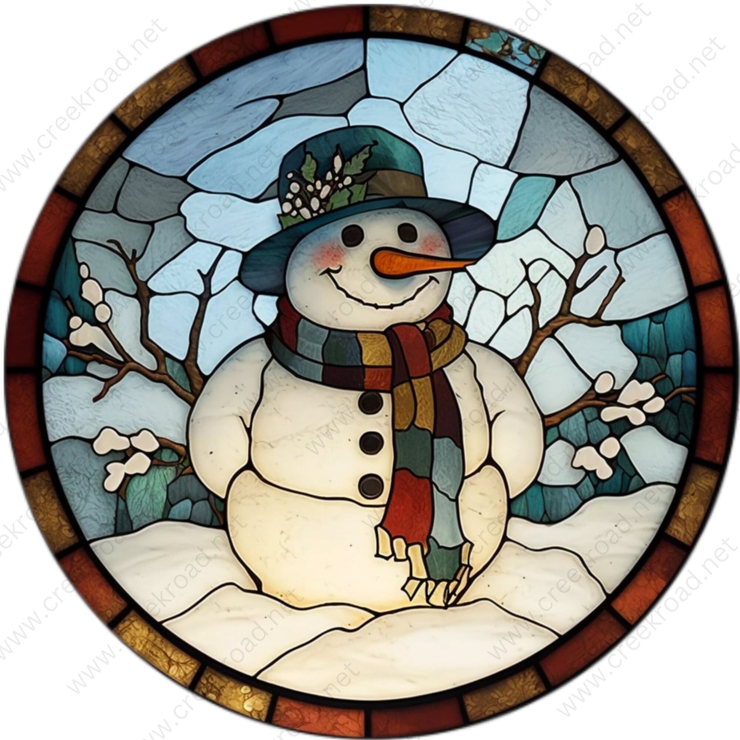 Smiling Snowman with Scarf Faux Stained Glass Wreath Sign-Christmas-Sublimation-Attachment-Decor