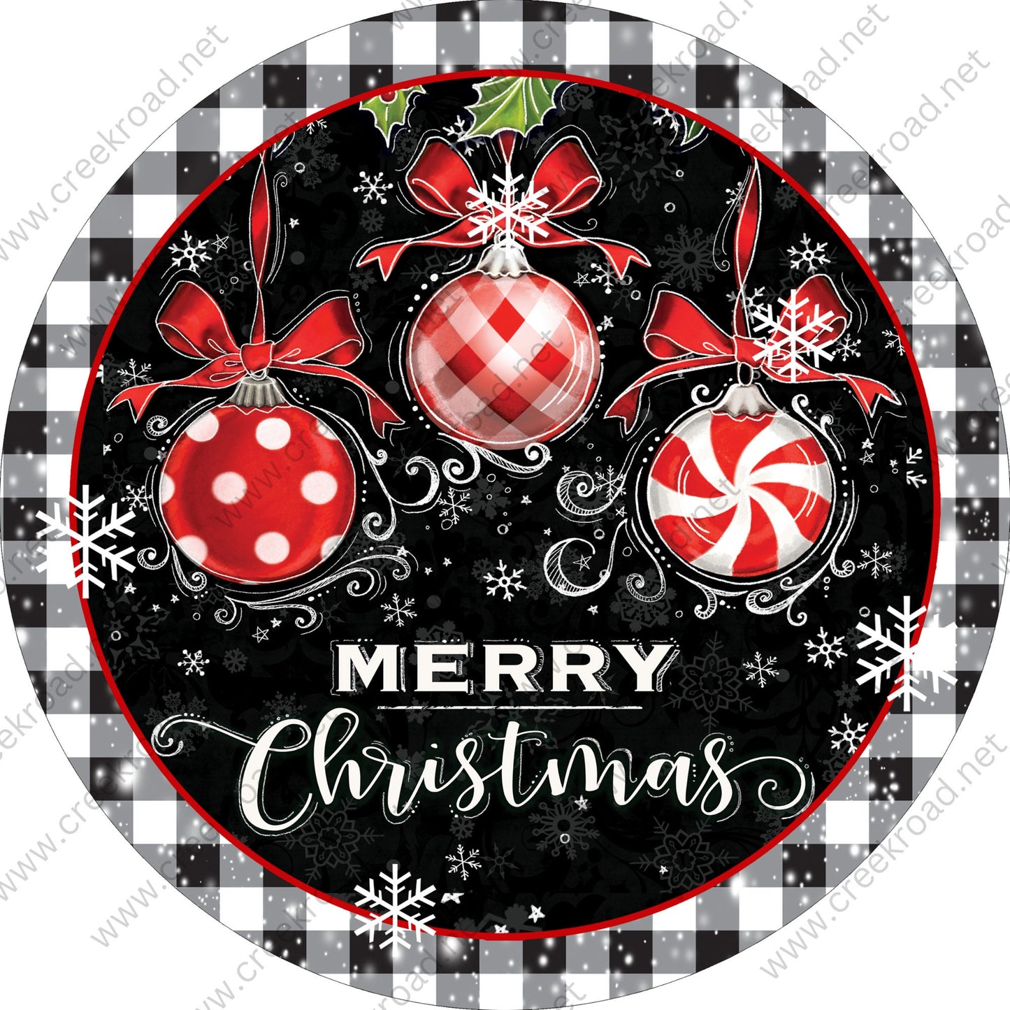 Merry Christmas 3 Red White Ornaments with Snowflakes on Black White Checkered Background Wreath Sign-Christmas-Sublimation-Attachment-Decor