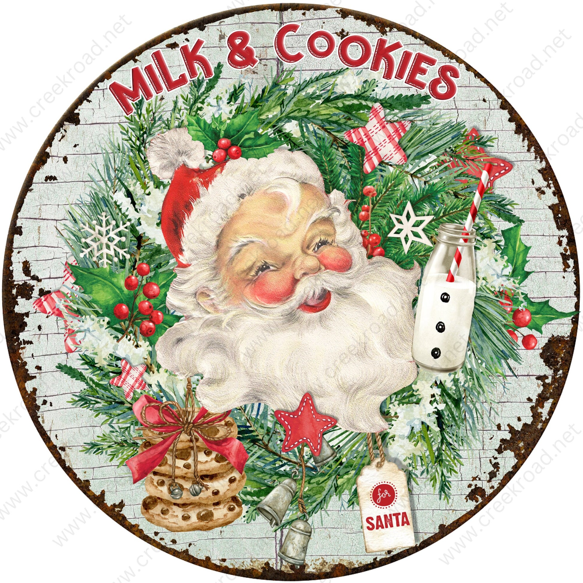 Retro Santa Claus Milk & Cookies with Faux Rusted Border Wreath Sign-Christmas-Sublimation-Attachment-Decor