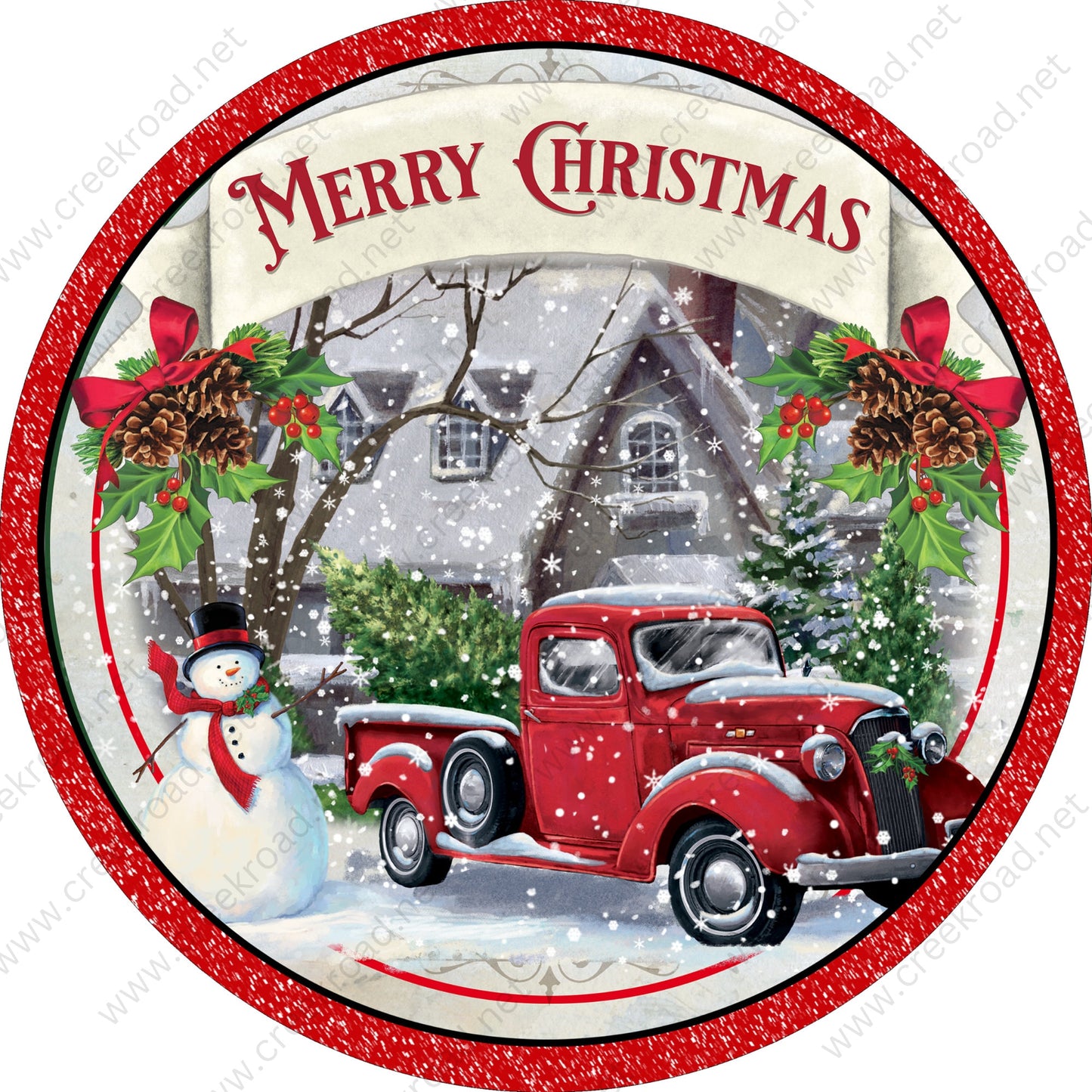 Merry Christmas Red Antique Truck Snowman with Holly Pine Cone Wreath Sign-Christmas-Sublimation-Attachment-Decor