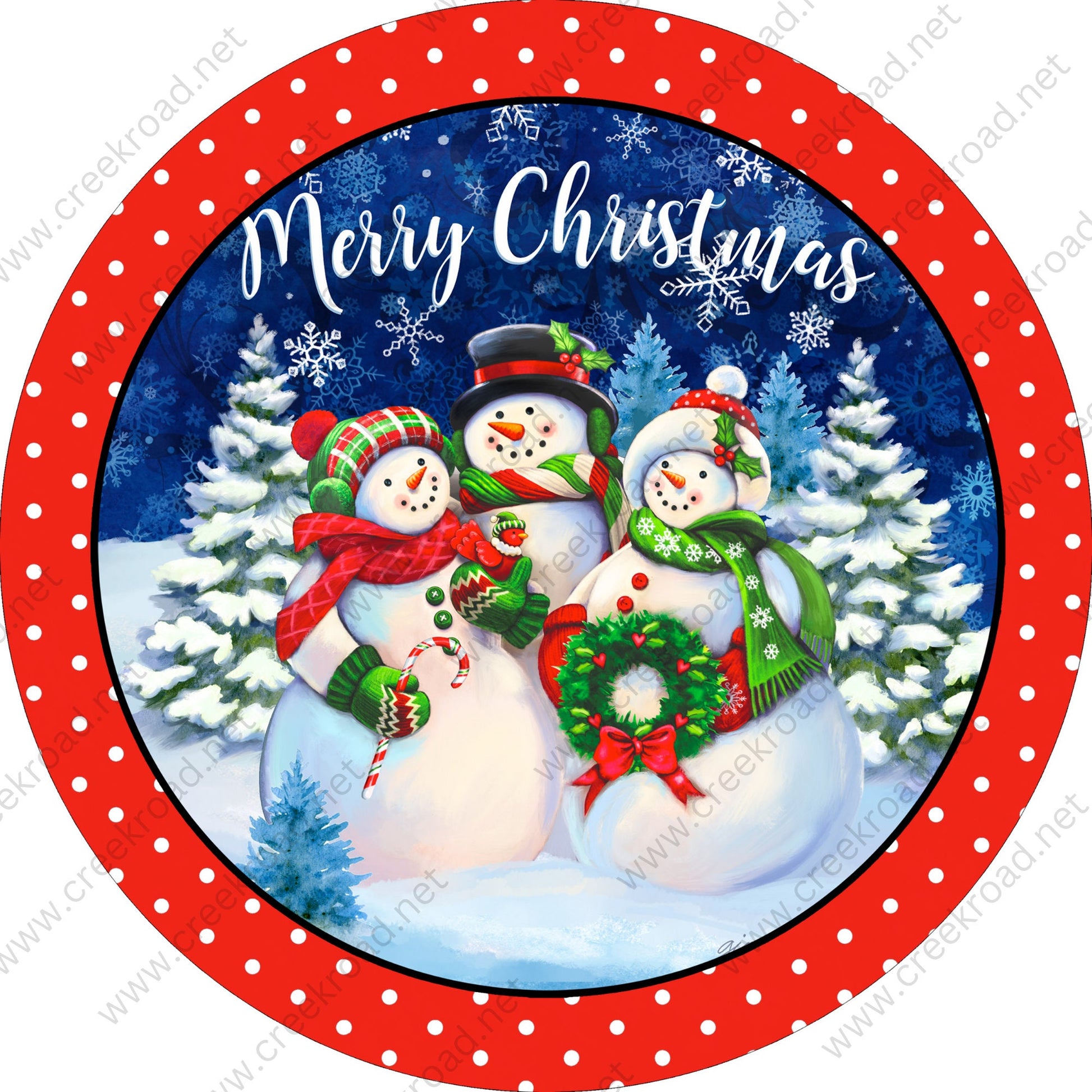 Merry Christmas Snowman Family on Wintery Evening Red White Polka Dot Border Wreath Sign-Christmas-Sublimation-Attachment-Decor