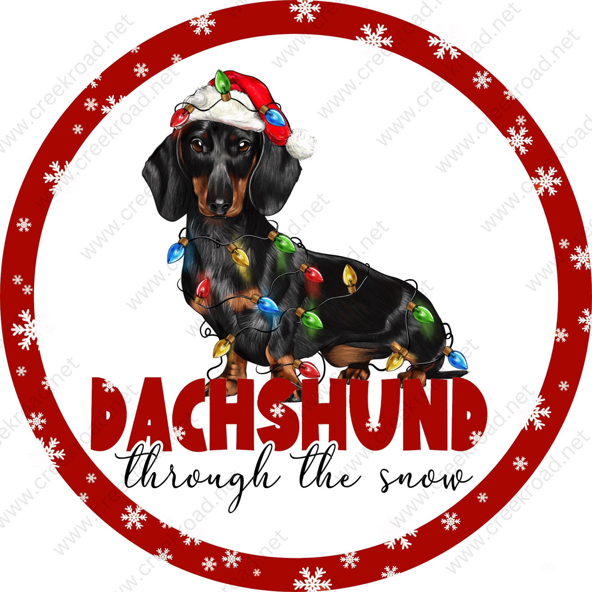 Black Dachshund Through the Snow Christmas lights White Snowflake Border Wreath Sign-Christmas-Sublimation-Attachment-Decor