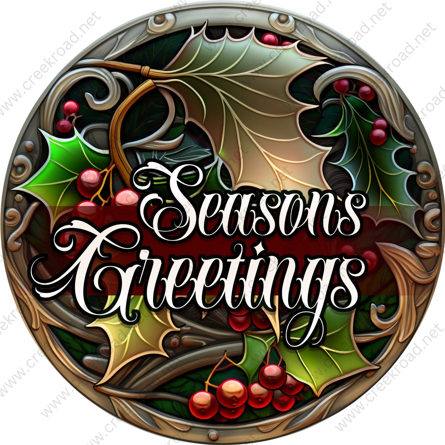 Seasons Greetings Christmas Holly with Ornate Border Wreath Sign-Christmas-Sublimation-Attachment-Decor