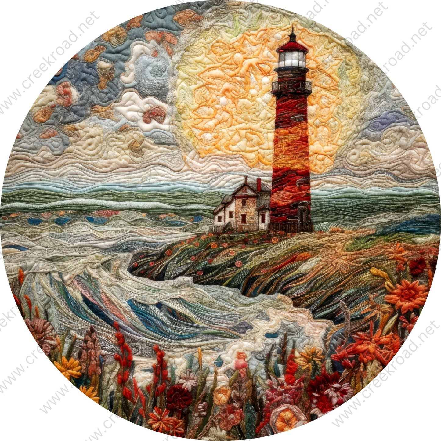 Coastal Lighthouse Ocean Faux Embroidery Wreath Sign-Round-Sublimation-Decor