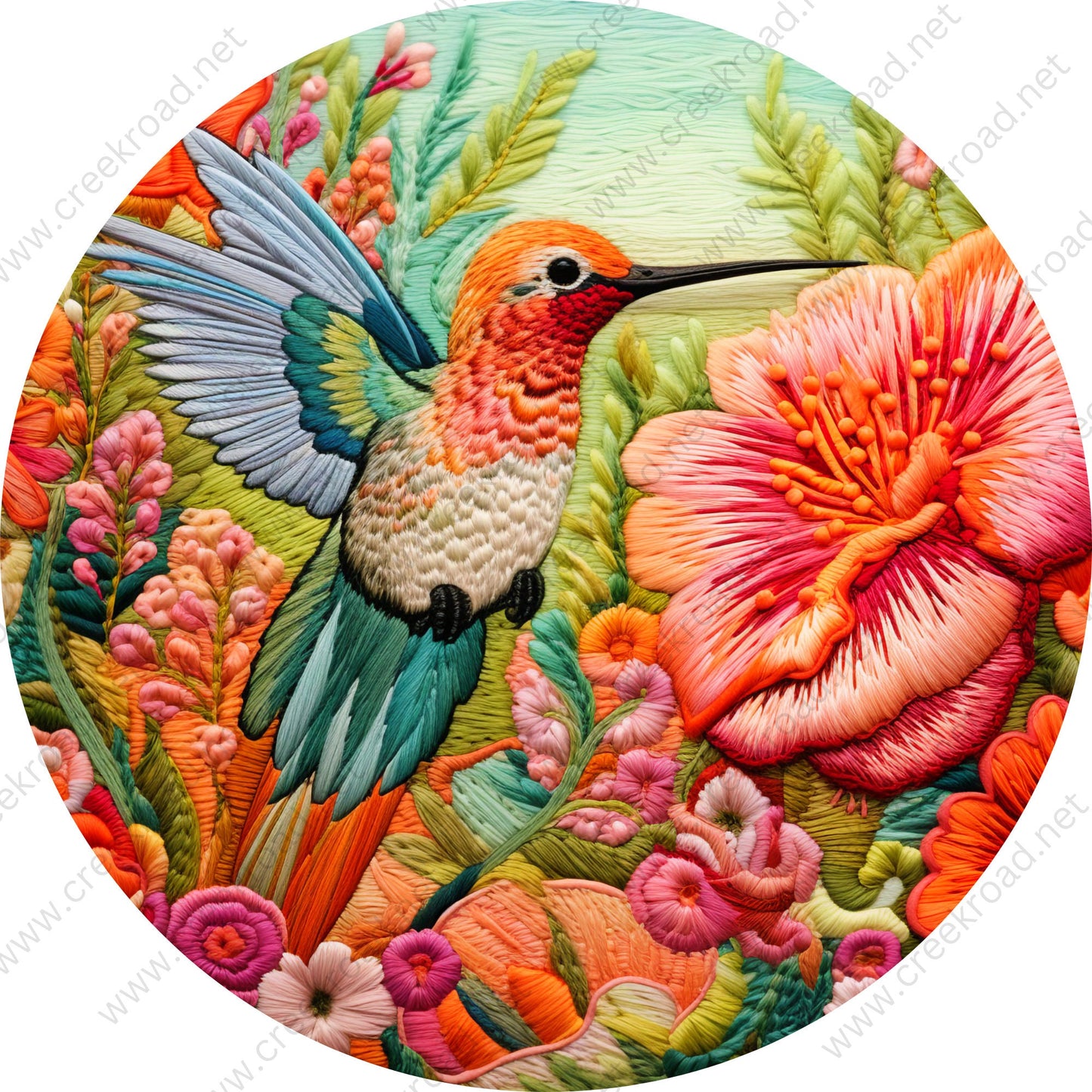 Spring Hummingbird Faux Embroidery Wreath Sign-Round-Sublimation-Decor