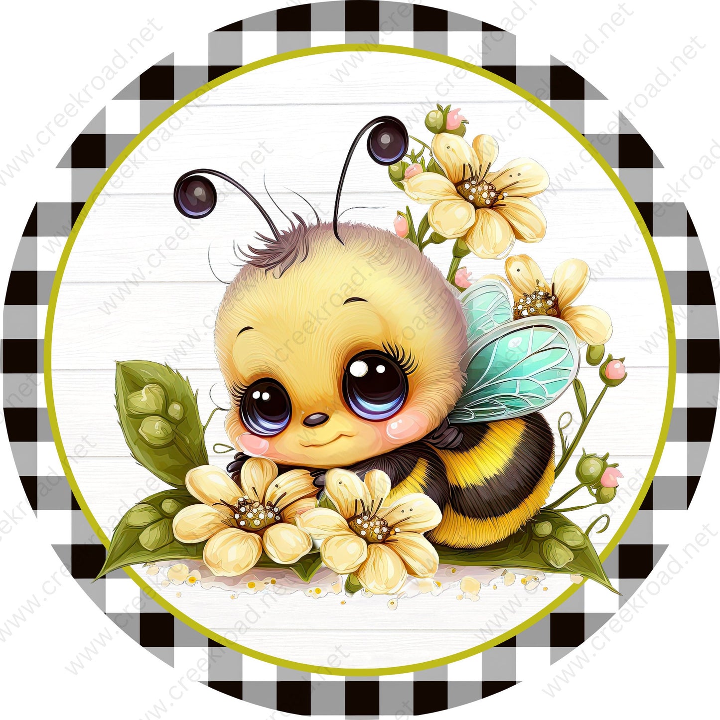 Cute Spring Bee with Black White Checkered Border Wreath Sign-Sublimation-Round-Spring-Summer-Decor