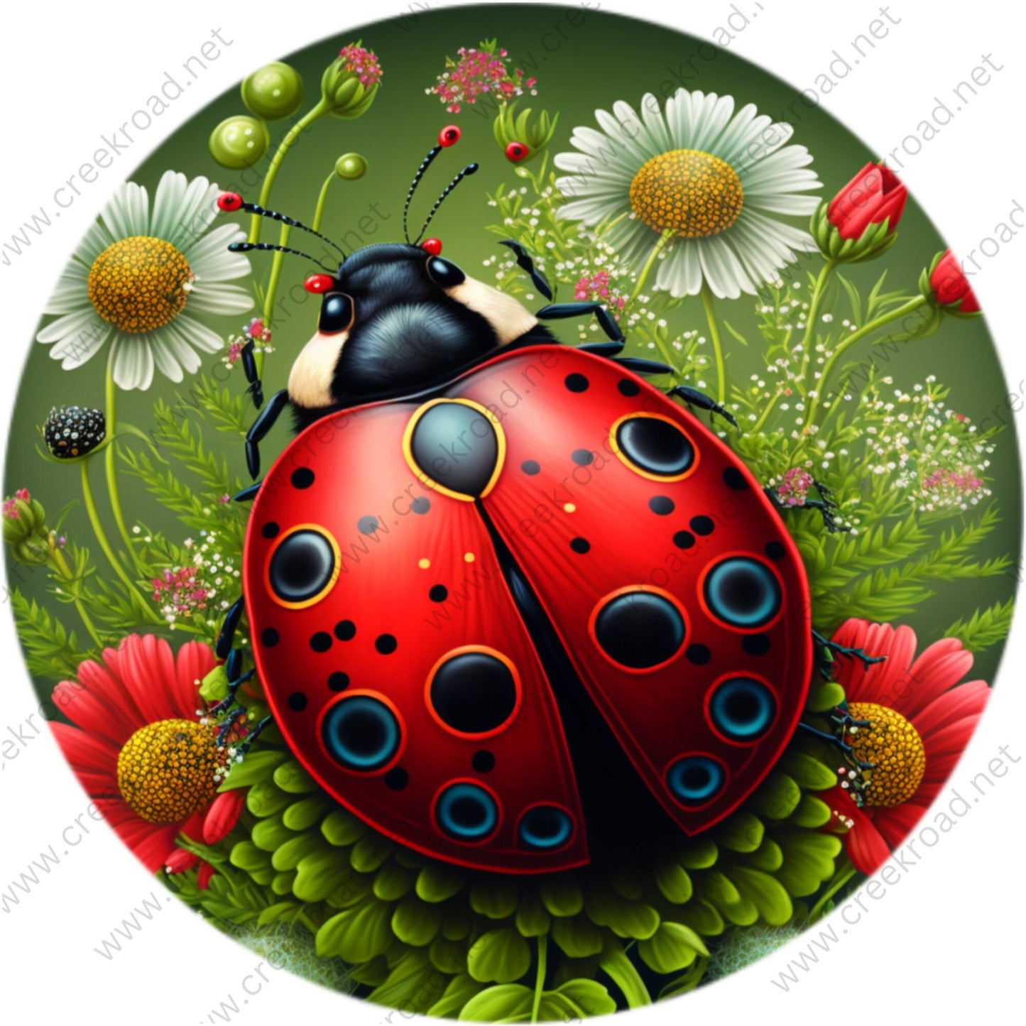 Large Red Ladybug with Daisies White Wreath Sign-Sublimation-Round-Spring-Summer-Decor