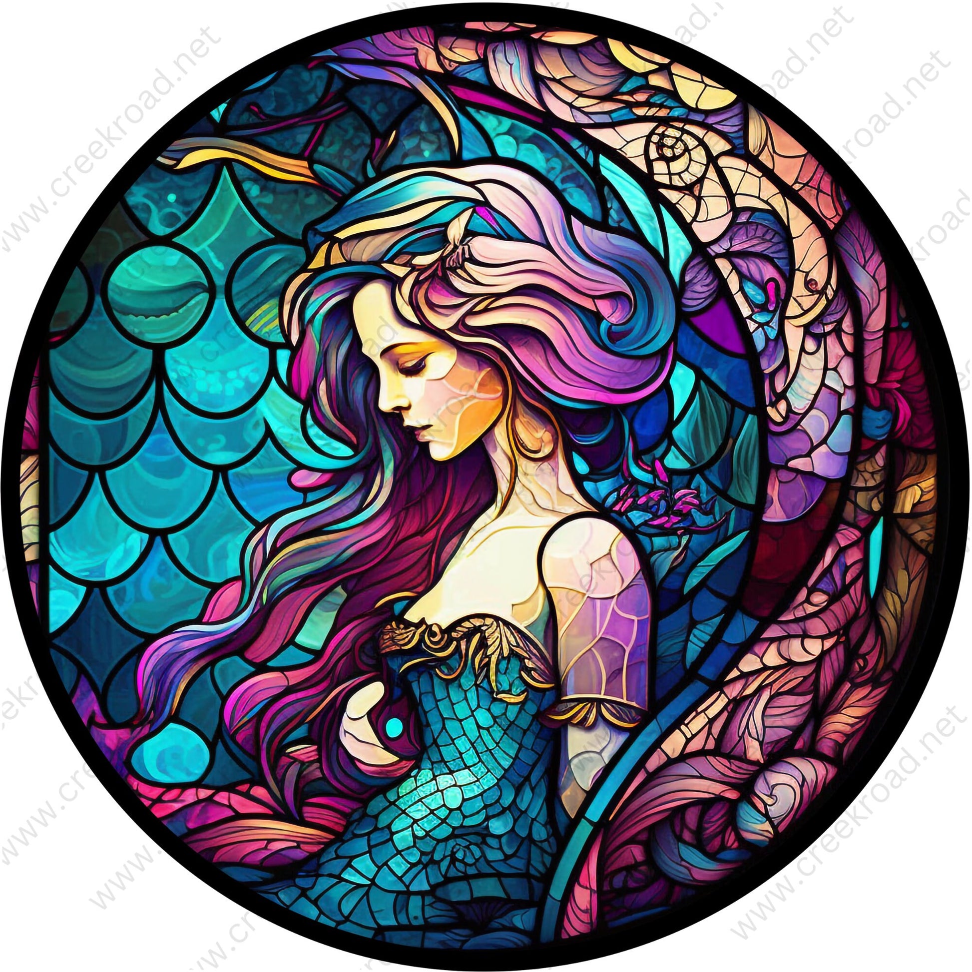 Mermaid Teal Purple Faux Stained Glass Wreath Sign-Round-Sublimation-Decor-Attachment