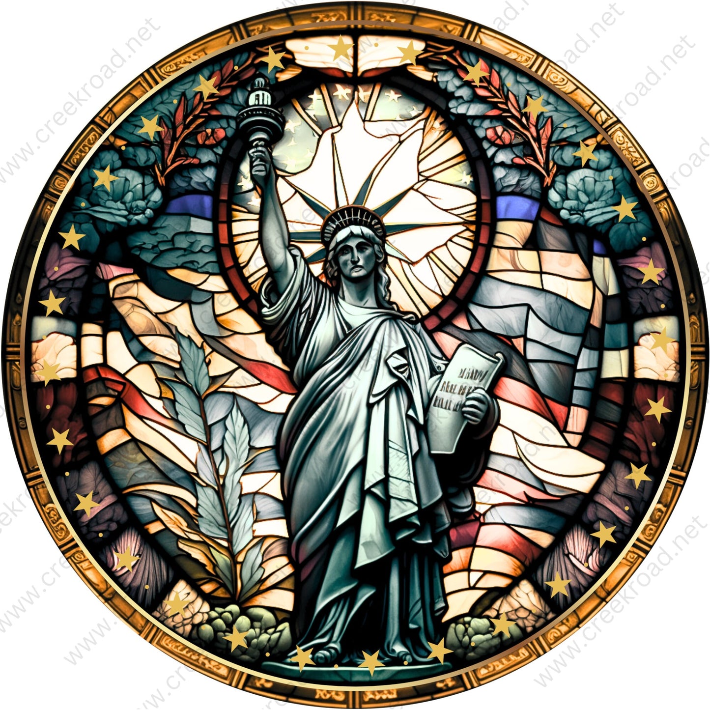 Statue of Liberty Faux Stained Glass Wreath Sign-Round-Sublimation-Aluminum-Attachment-Decor