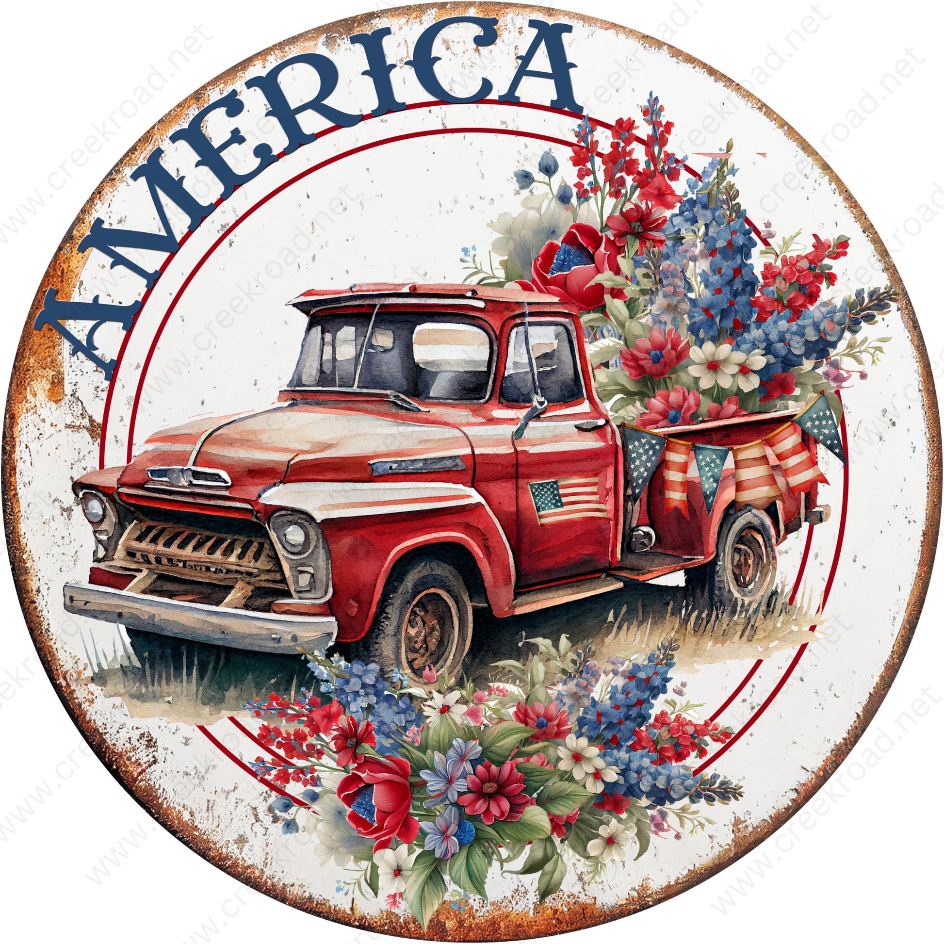 Patriotic Antique Red Truck Full of Summer Flowers Faux Rusted Border Wreath Sign-Round-Sublimation-Aluminum-Attachment-Decor