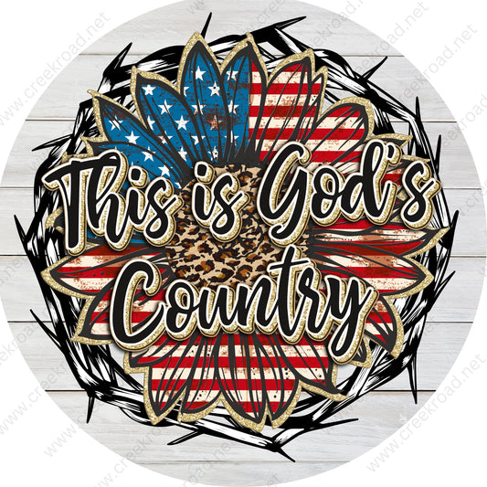 This is God's Country on Shiplap background American Flag Wreath Sign-Round-Sublimation-Aluminum-Attachment-Decor