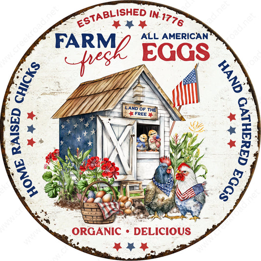 Farm Fresh All American Eggs Land of the Free Patriotic Faux Rusted Border Wreath Sign-Round-Sublimation-Aluminum-Attachment-Decor