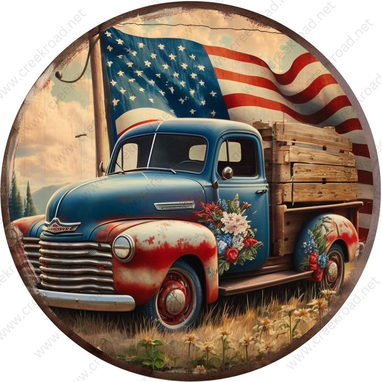 Antique Patriotic Delivery Truck Faux Rusted Border Antiqued Photo Wreath Sign-Round-Sublimation-Aluminum-Attachment-Decor