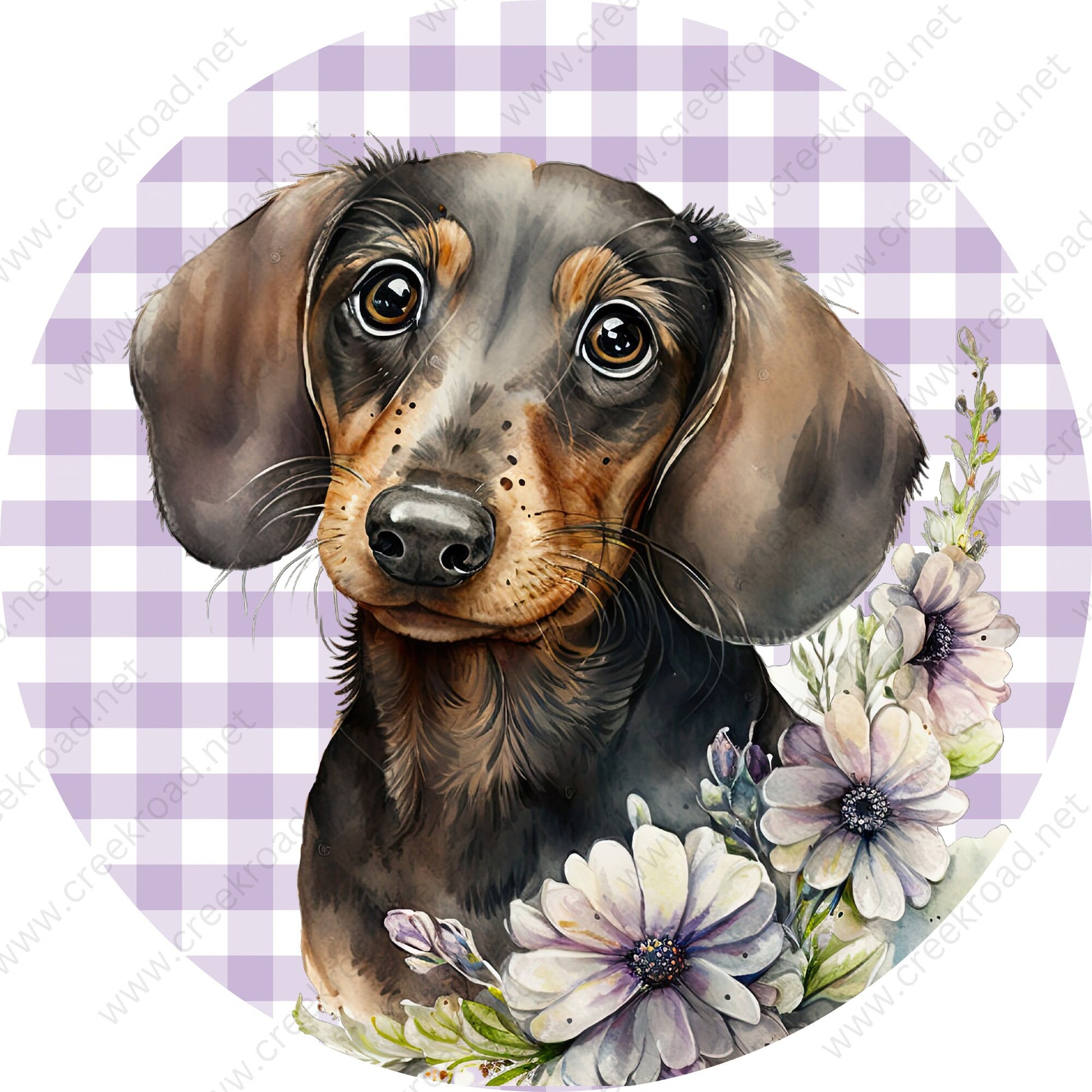 Cute Black Dachshund White Lavender Flowers on Lavender Checkered Background Wreath Sign-Round-pet-Spring-Sublimation-Aluminum-Attachment