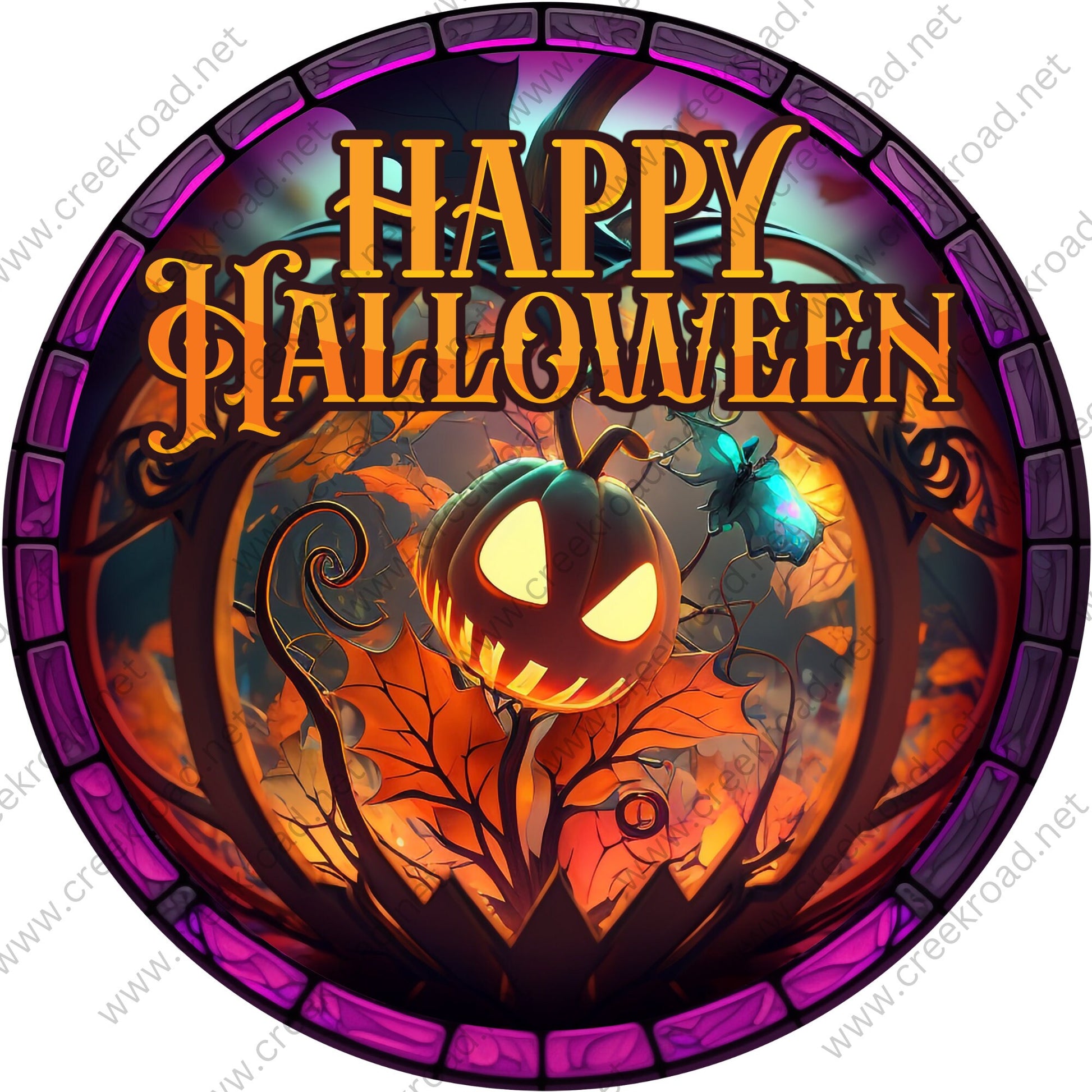 Happy Halloween Scary Pumpkin Purple Border Wreath Sign-Halloween-Sublimation-Decor-Creek Road Designs