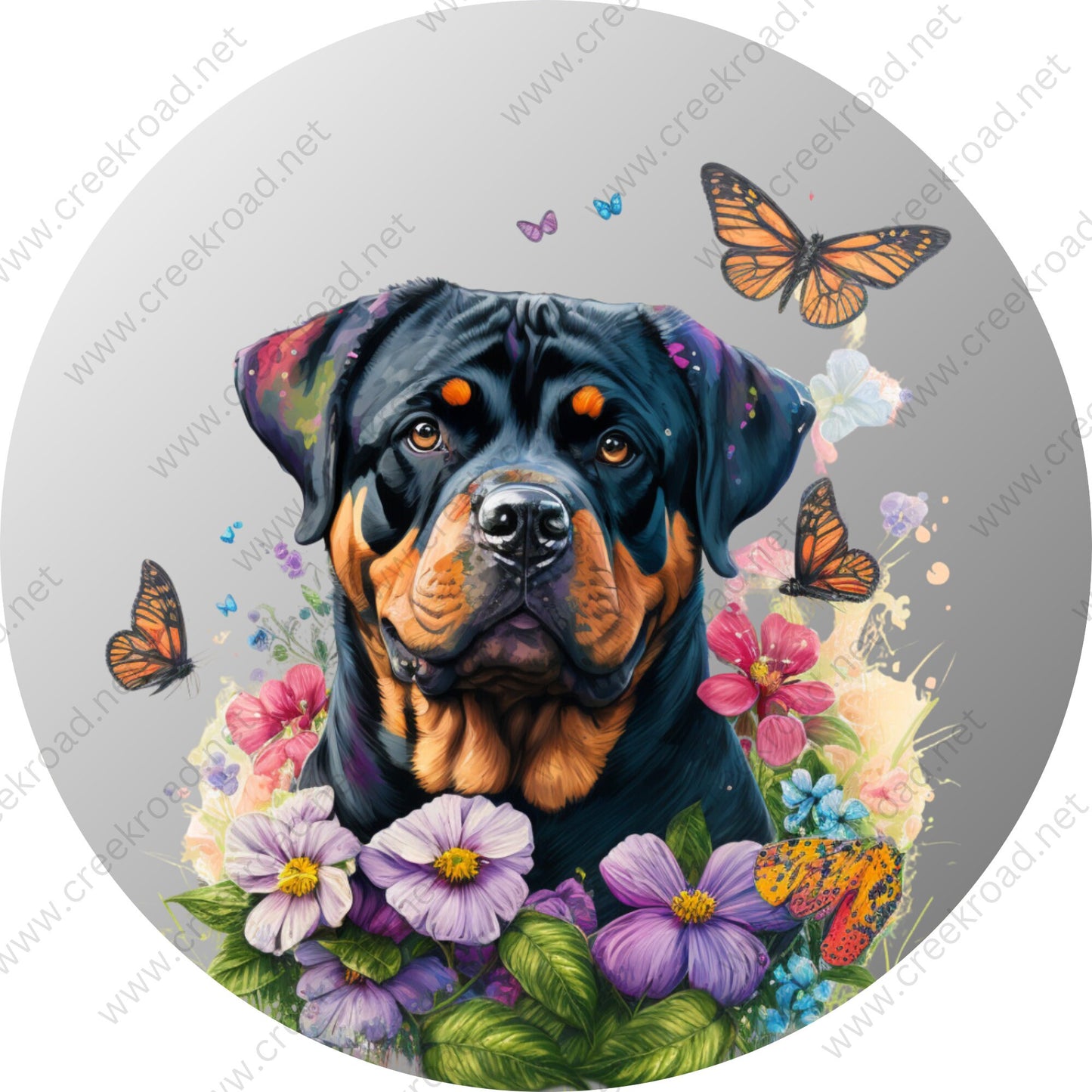 Black Rottweiler Surrounded with Flowers and Butterflies Wreath Sign-CHOOSE YOUR COLOR-Round-Pet-Dog-Sublimation-Aluminum-Attachment-Decor