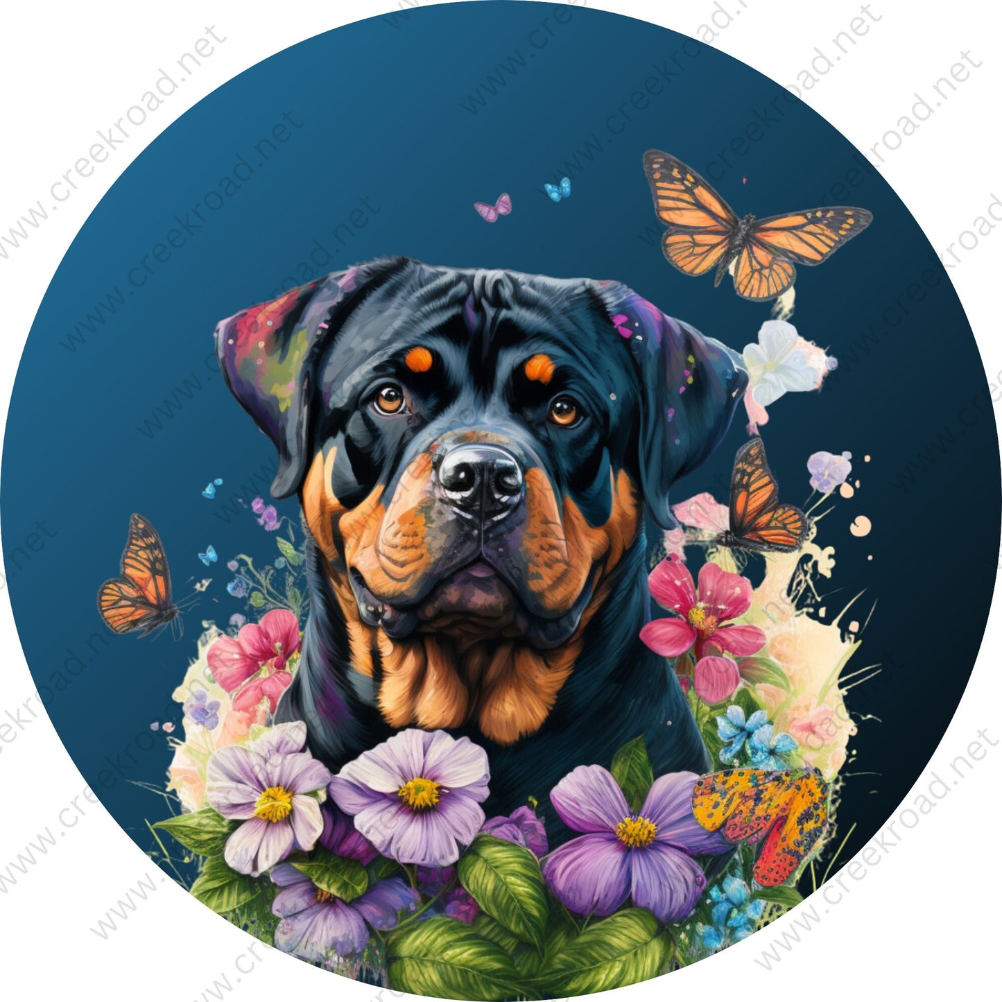 Black Rottweiler Surrounded with Flowers and Butterflies Wreath Sign-CHOOSE YOUR COLOR-Round-Pet-Dog-Sublimation-Aluminum-Attachment-Decor