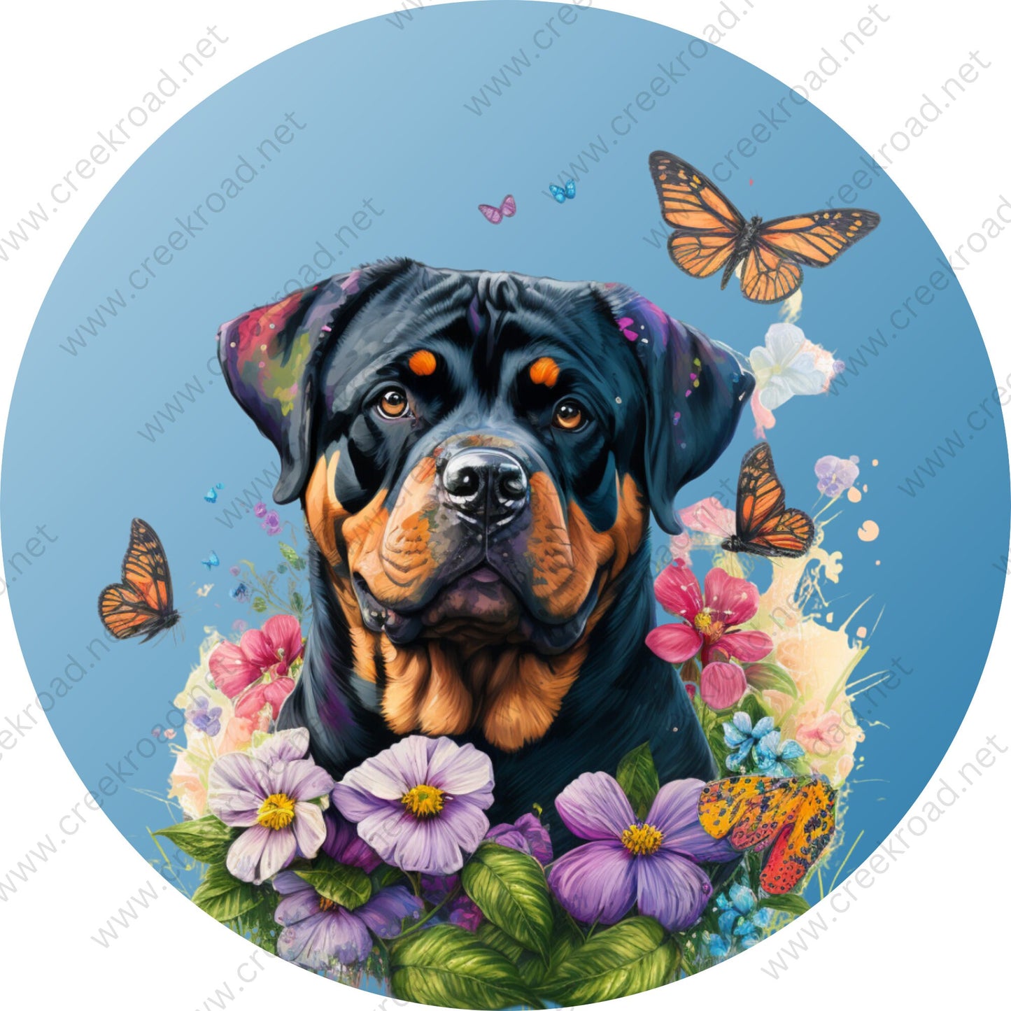 Black Rottweiler Surrounded with Flowers and Butterflies Wreath Sign-CHOOSE YOUR COLOR-Round-Pet-Dog-Sublimation-Aluminum-Attachment-Decor