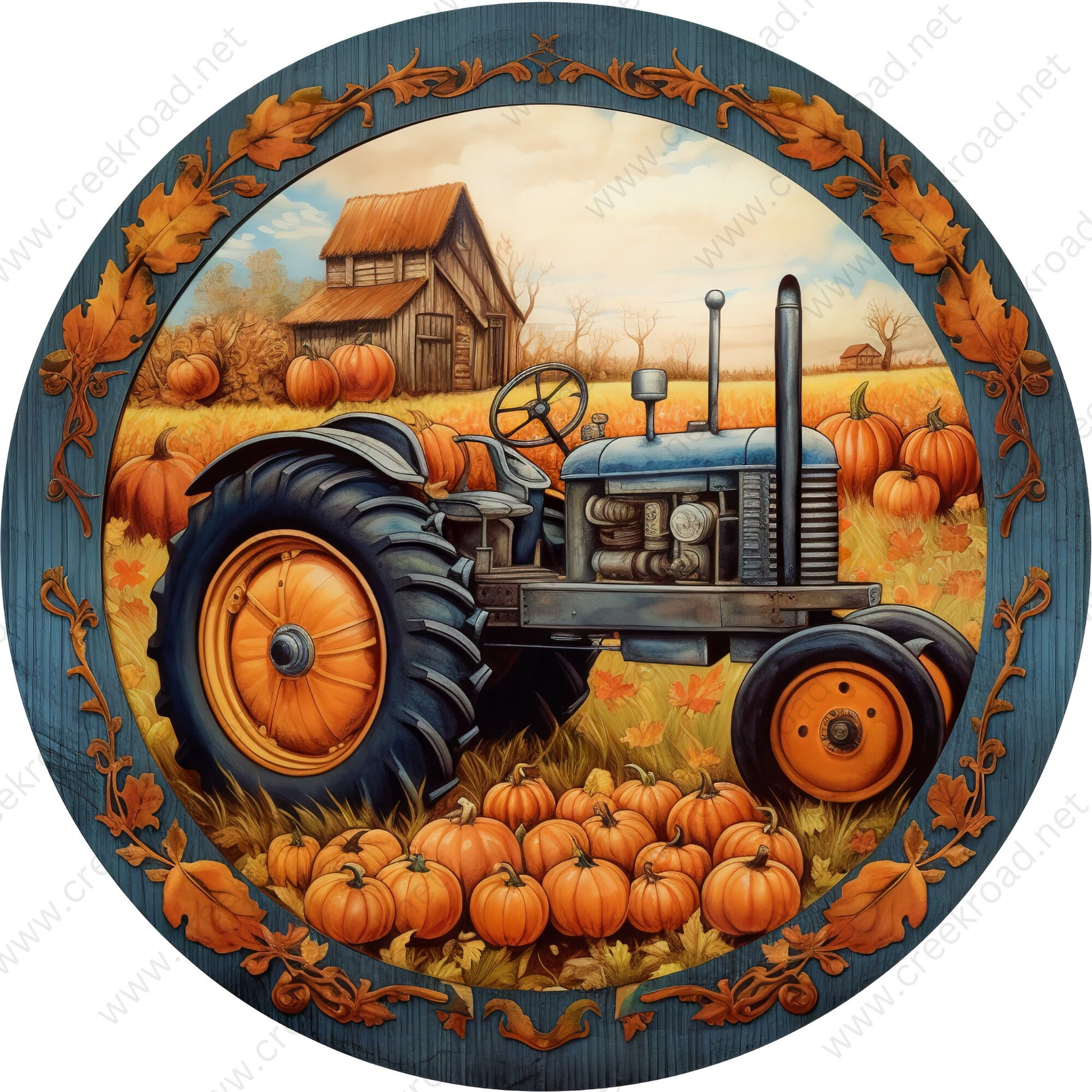 Blue Farm Tractor Orange Wheels in Pumpkin Patch Wreath Sign-Fall-Sublimation-Attachment-Round-Creek Road Designs