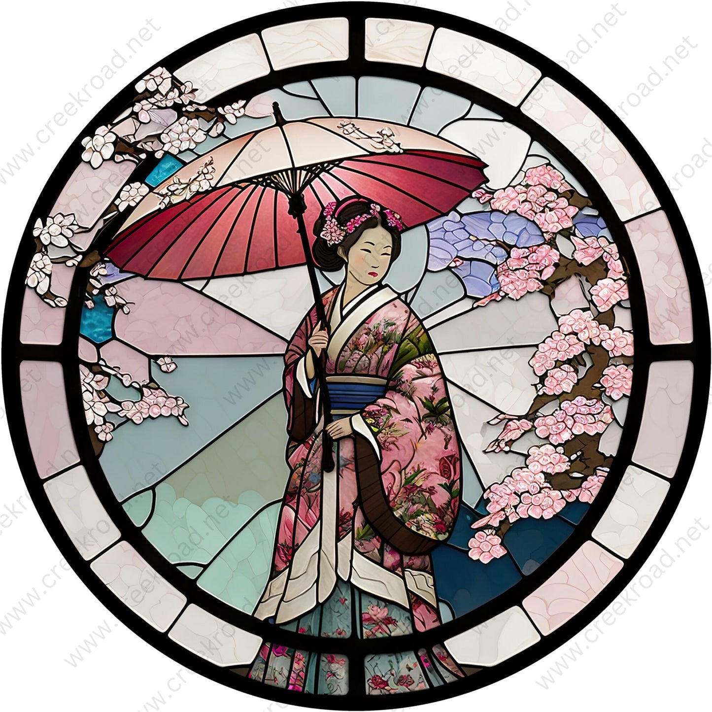 Japanese Geisha in Pink Floral Kimono with Umbrella Faux Stained Glass Wreath Sign-Round-Sublimation-Decor