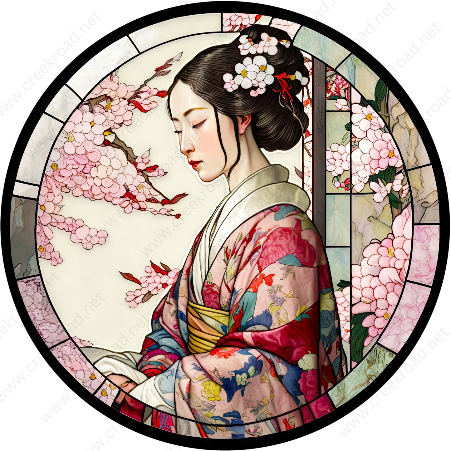 Japanese Geisha in Multi Color Kimono Sitting Faux Stained Glass Wreath Sign-Round-Sublimation-Decor