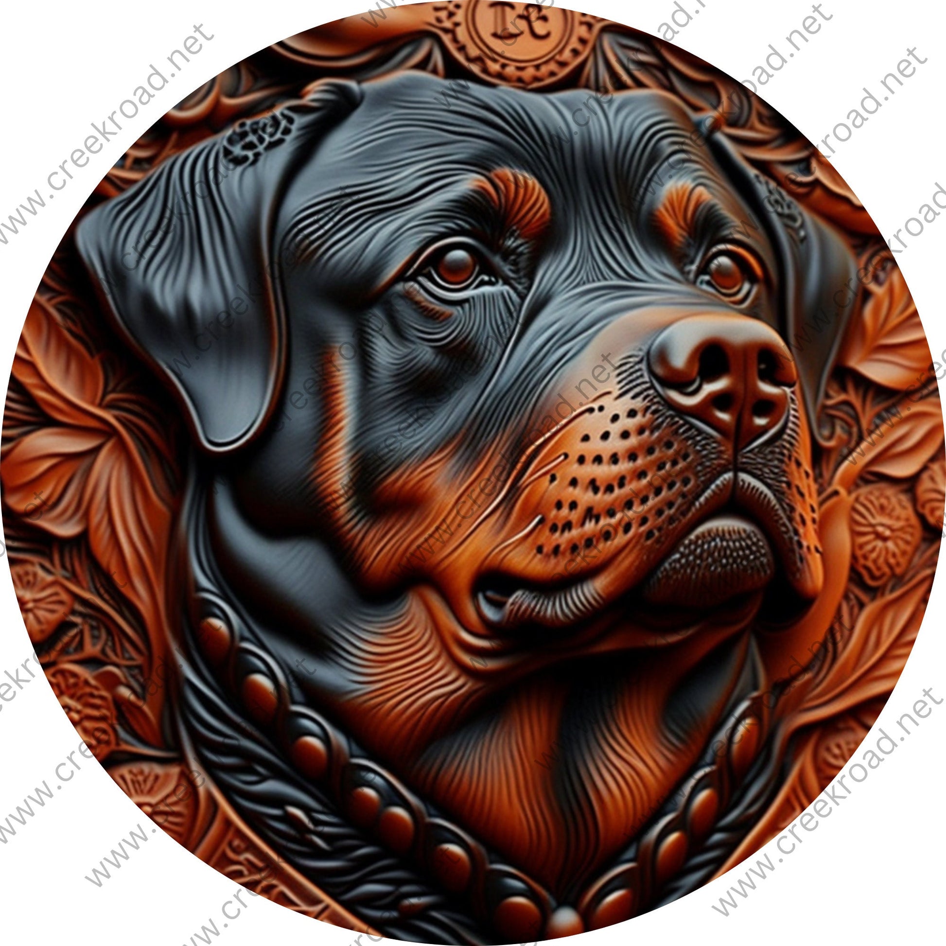 Faux Tooled Tan Leather Black Rottweiler Wreath Sign-Round-Everyday-Pet-Sublimation-Aluminum-Attachment-Decor