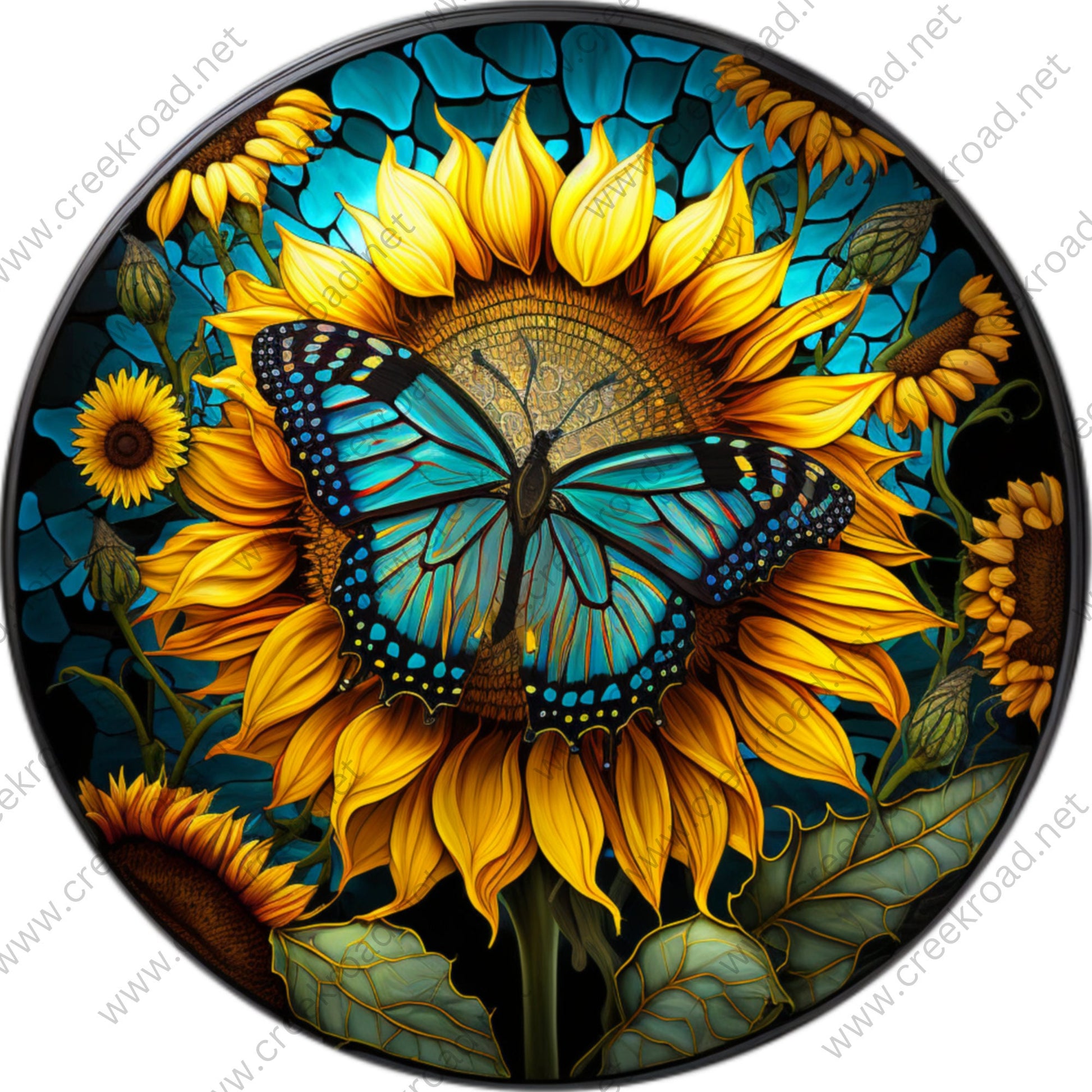 Beautiful Teal Butterfly on Vibrant Large Yellow Sunflower Wreath Sign-Round-Sublimation-Decor